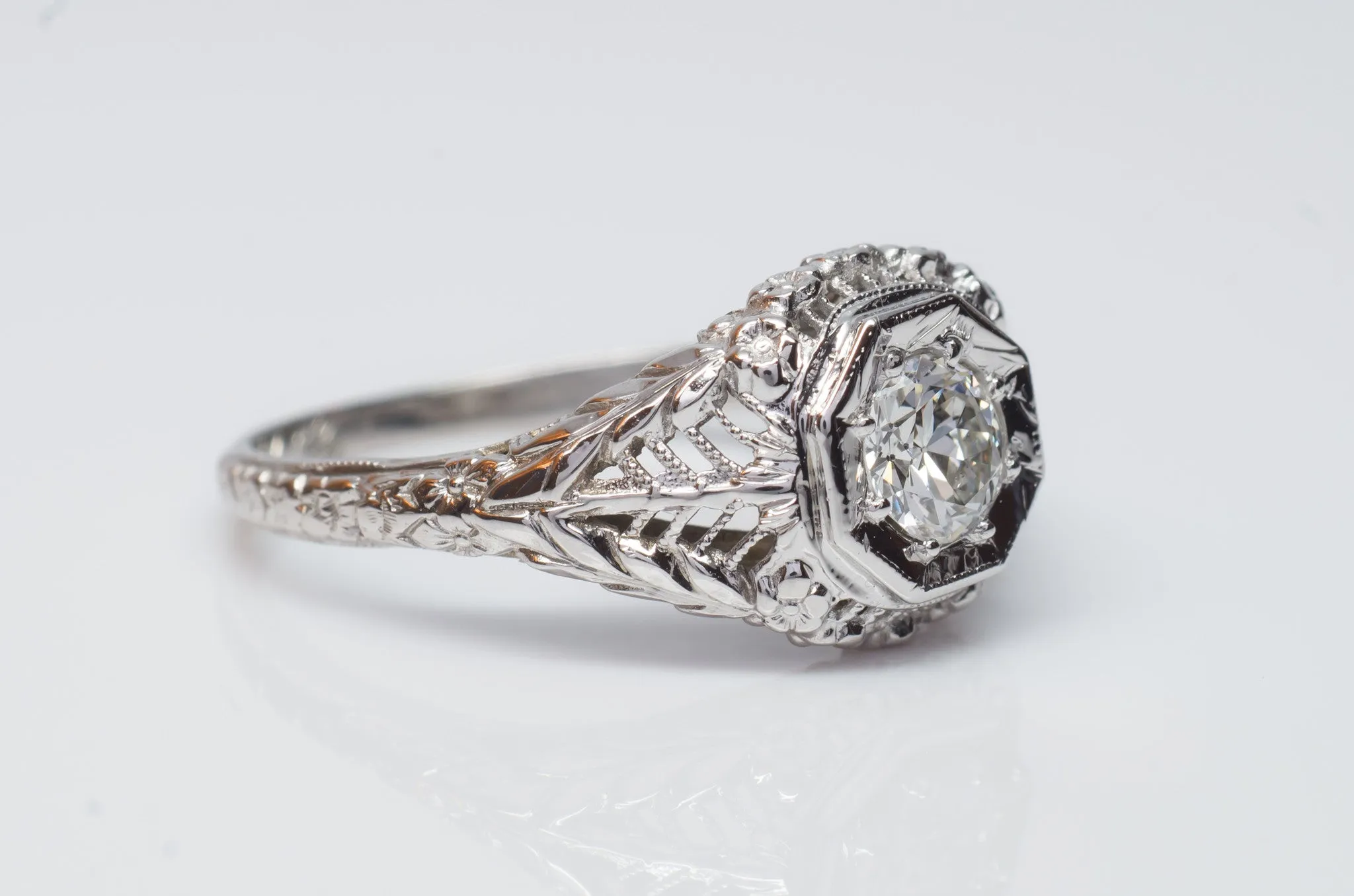 VINTAGE OLD EUROPEAN CUT DIAMOND RING IN WHITE GOLD