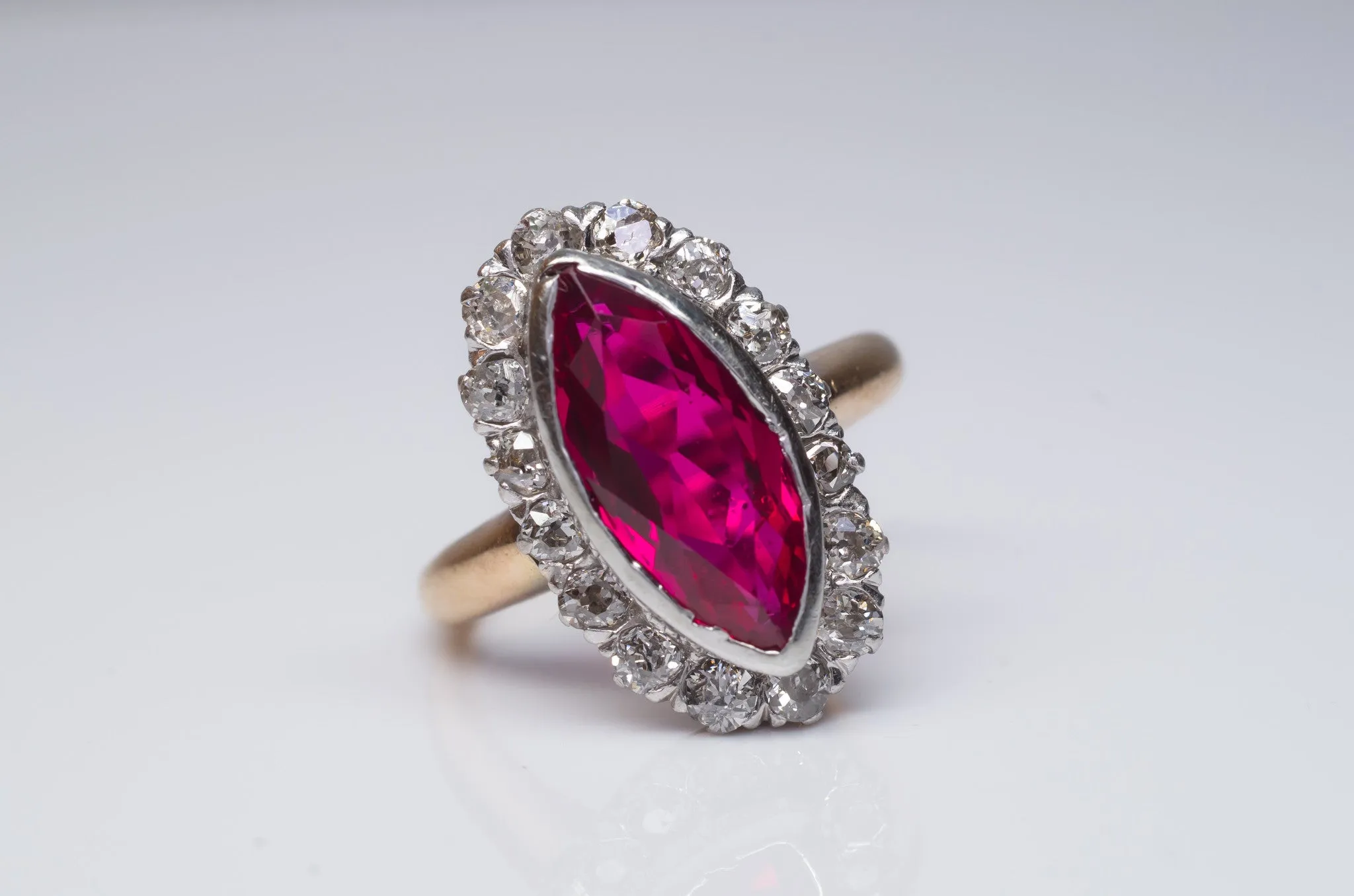 VINTAGE OLD MINE CUT HALO AND SYNTHETIC RUBY RING