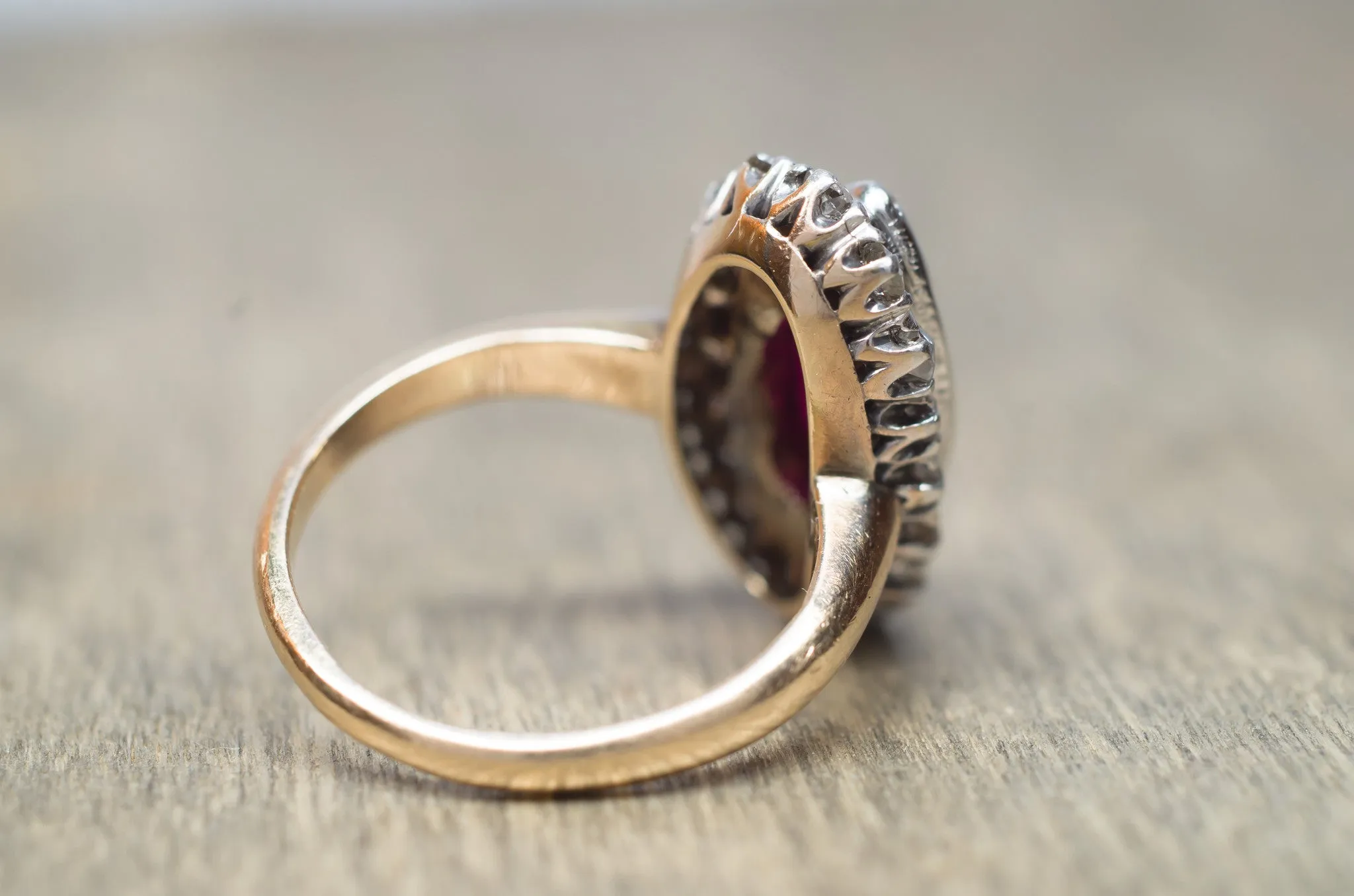 VINTAGE OLD MINE CUT HALO AND SYNTHETIC RUBY RING