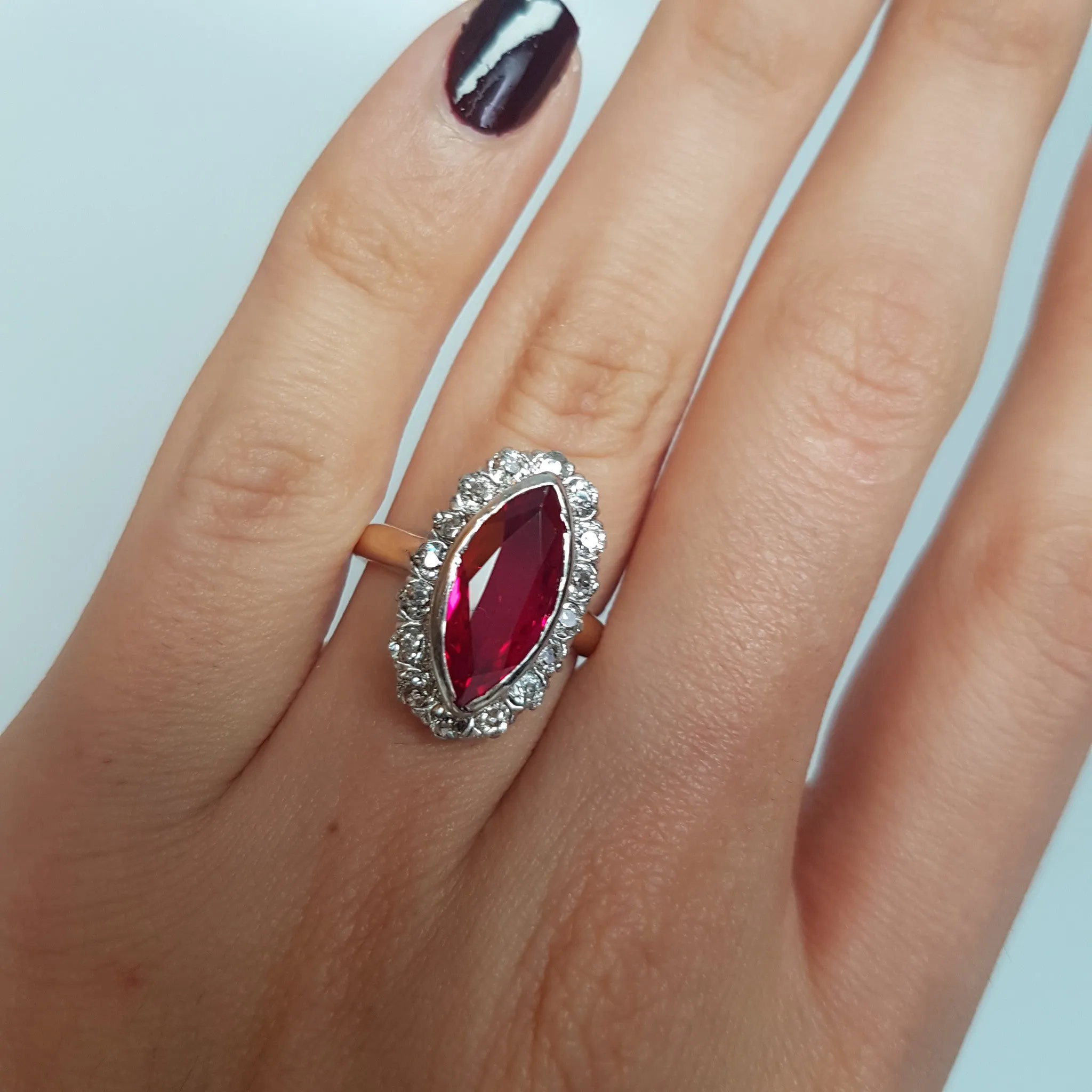 VINTAGE OLD MINE CUT HALO AND SYNTHETIC RUBY RING