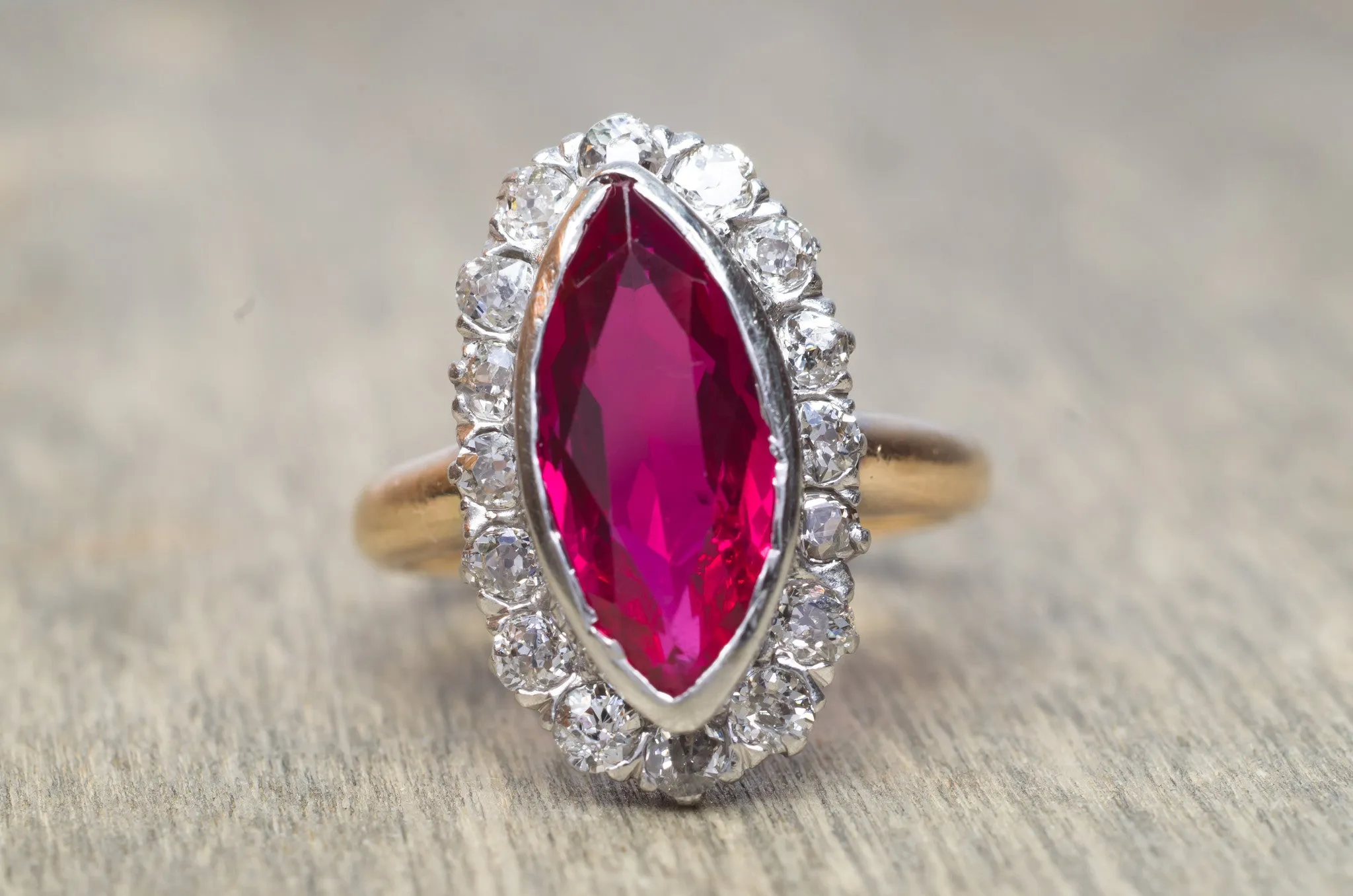 VINTAGE OLD MINE CUT HALO AND SYNTHETIC RUBY RING