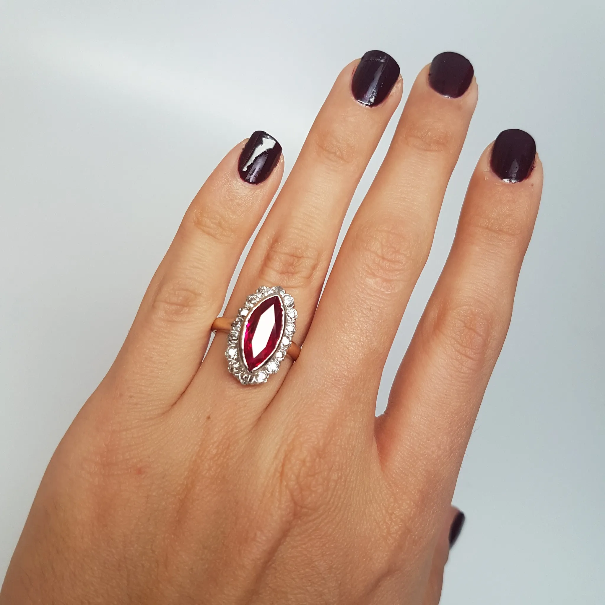VINTAGE OLD MINE CUT HALO AND SYNTHETIC RUBY RING