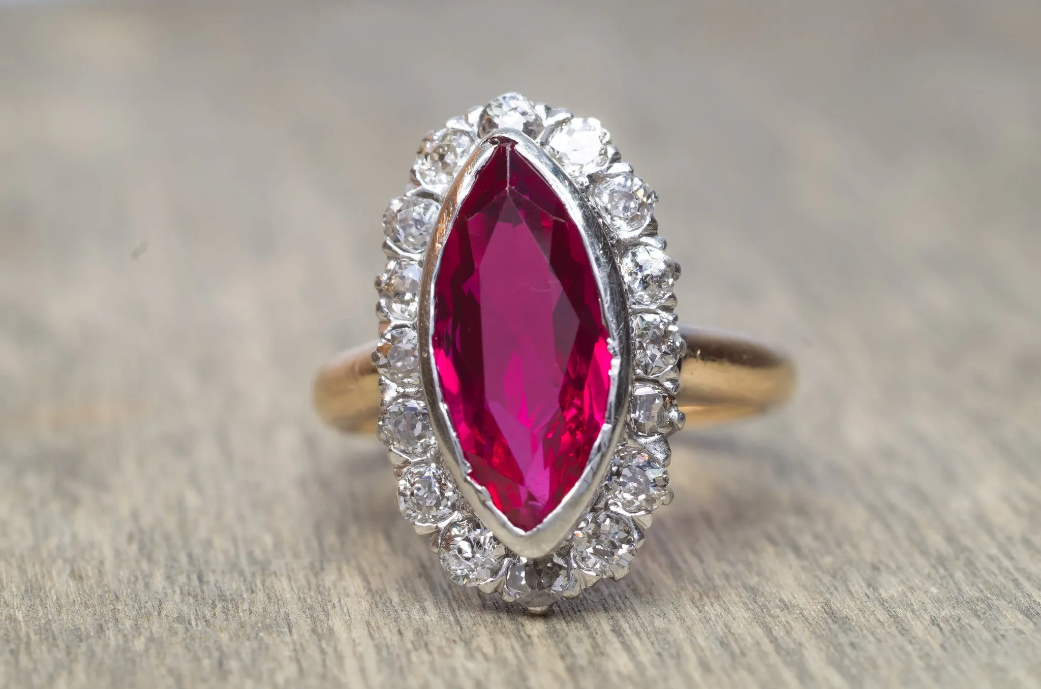 VINTAGE OLD MINE CUT HALO AND SYNTHETIC RUBY RING