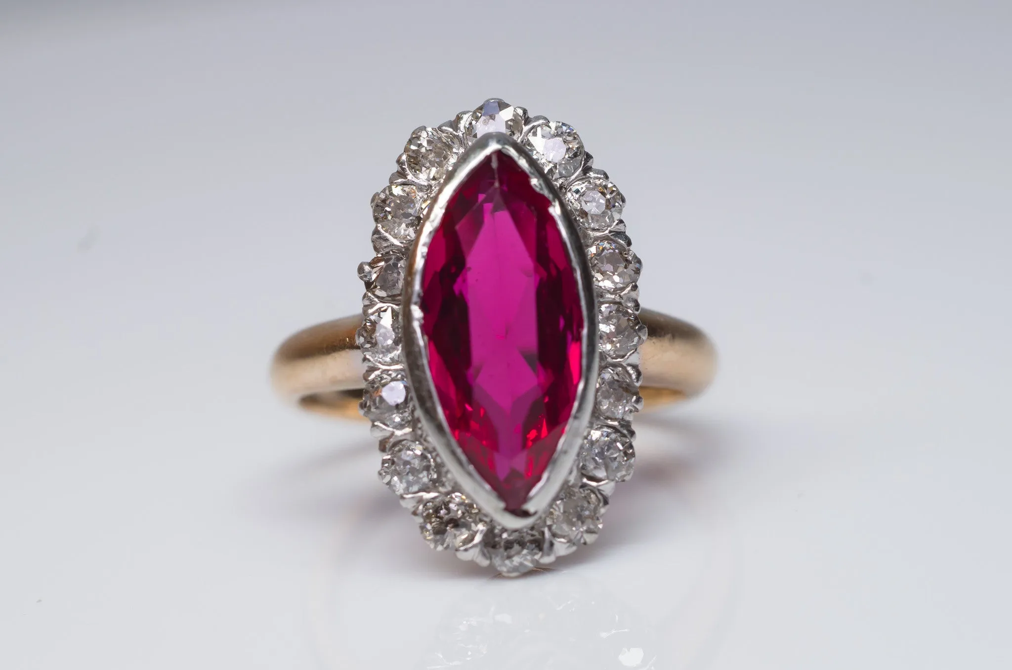 VINTAGE OLD MINE CUT HALO AND SYNTHETIC RUBY RING