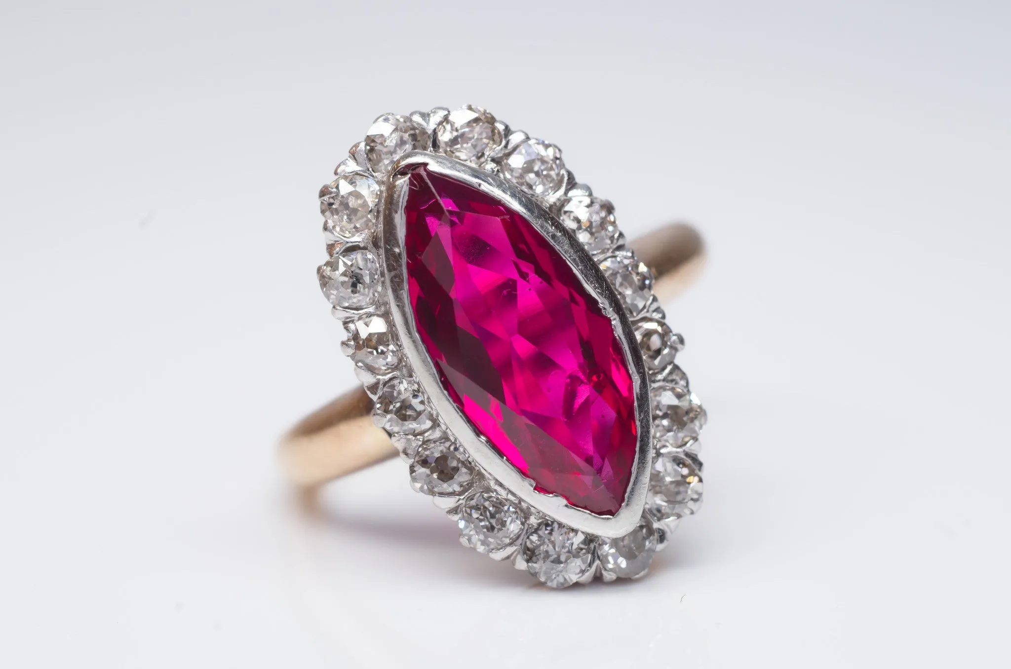 VINTAGE OLD MINE CUT HALO AND SYNTHETIC RUBY RING