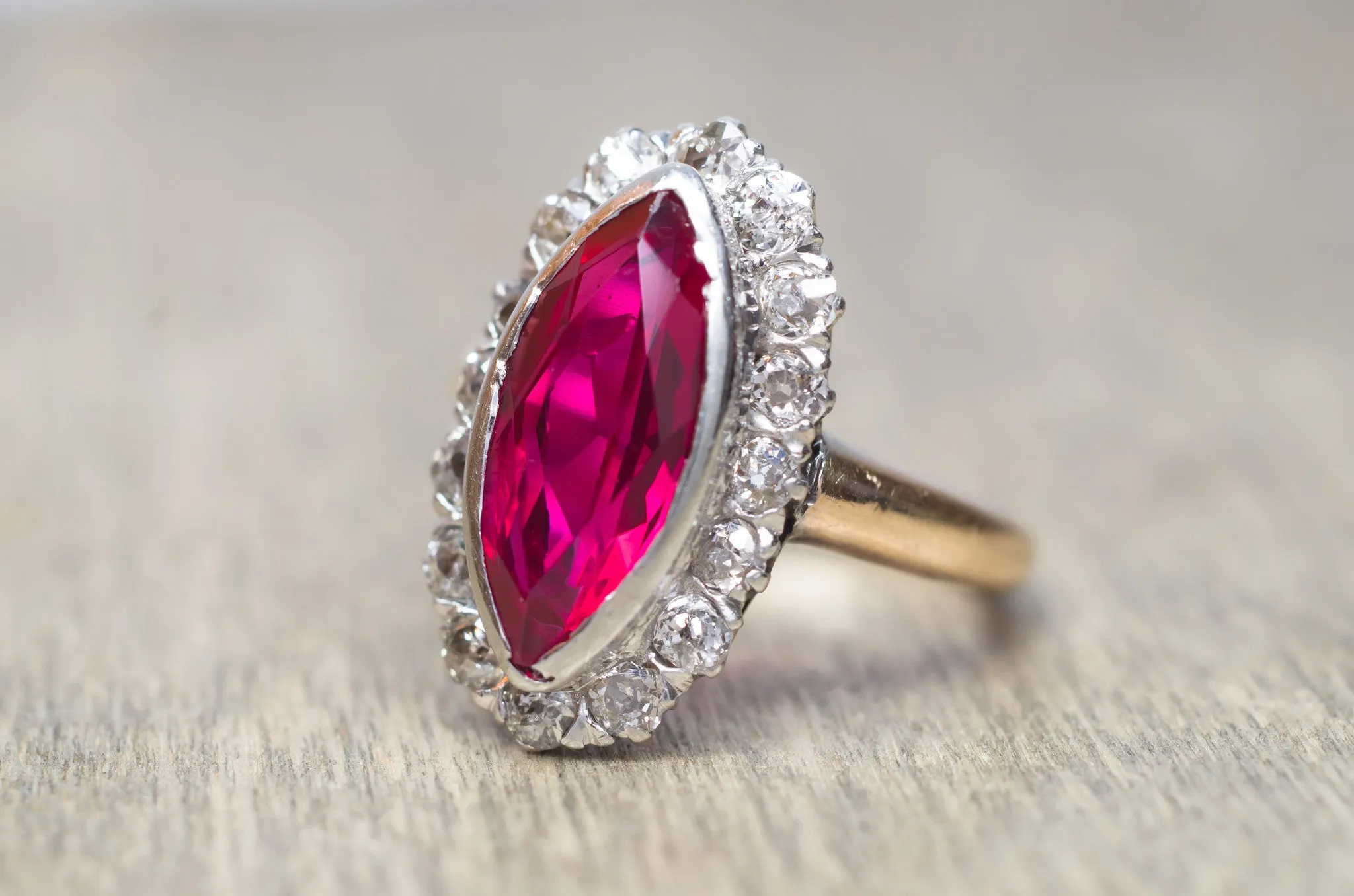 VINTAGE OLD MINE CUT HALO AND SYNTHETIC RUBY RING