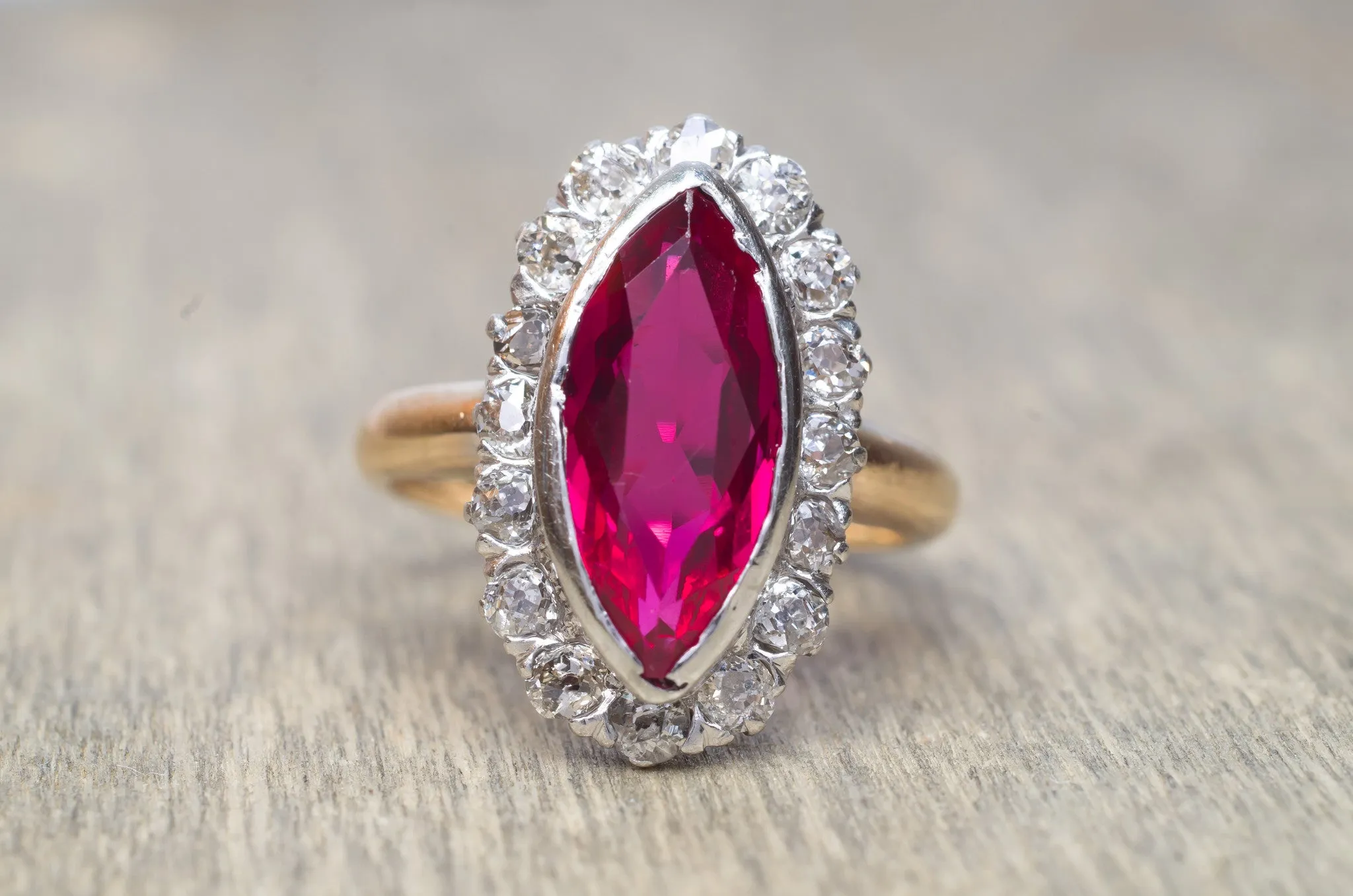 VINTAGE OLD MINE CUT HALO AND SYNTHETIC RUBY RING