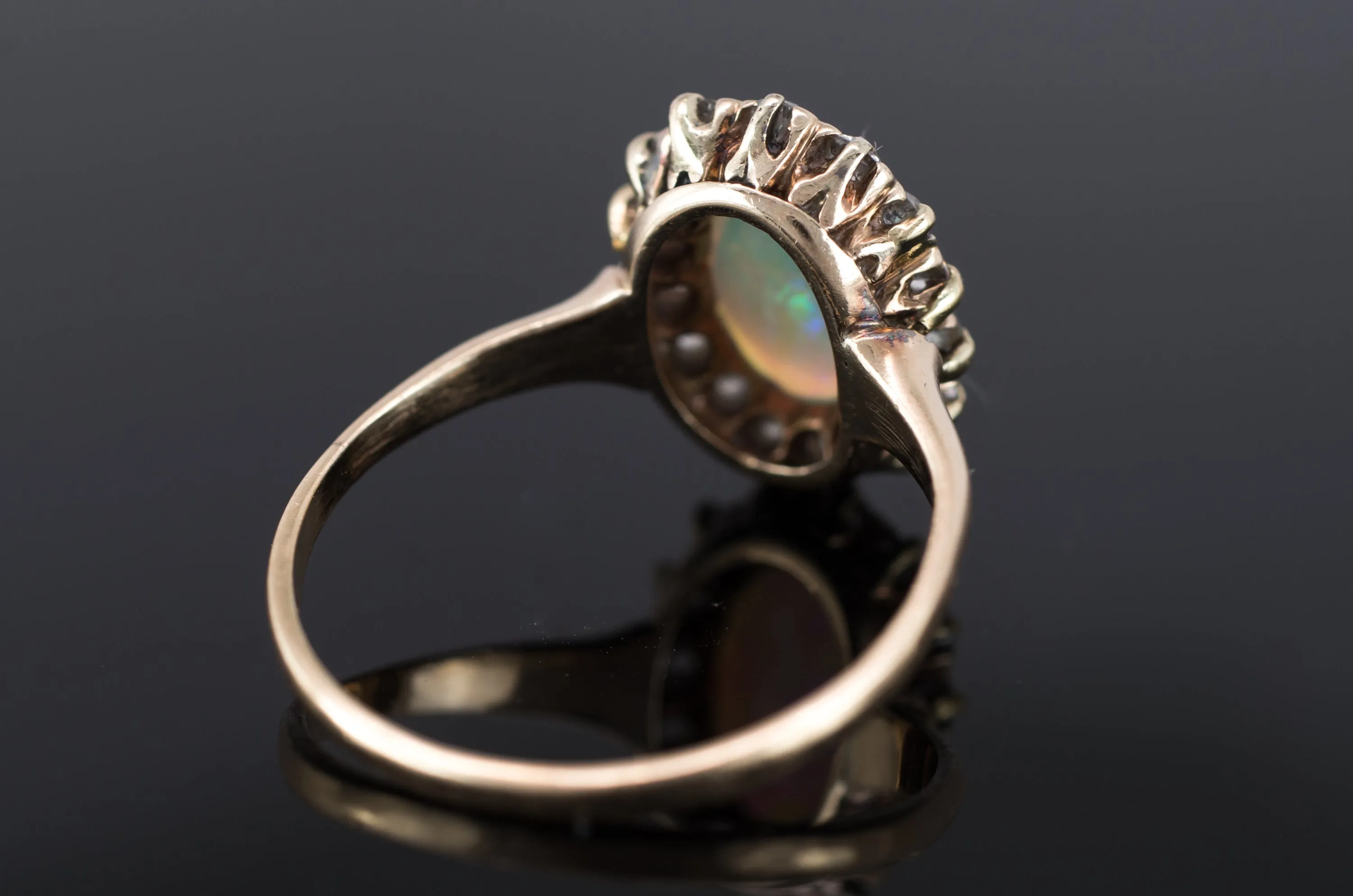 VINTAGE OPAL AND OLD MINE CUT DIAMOND HALO RING