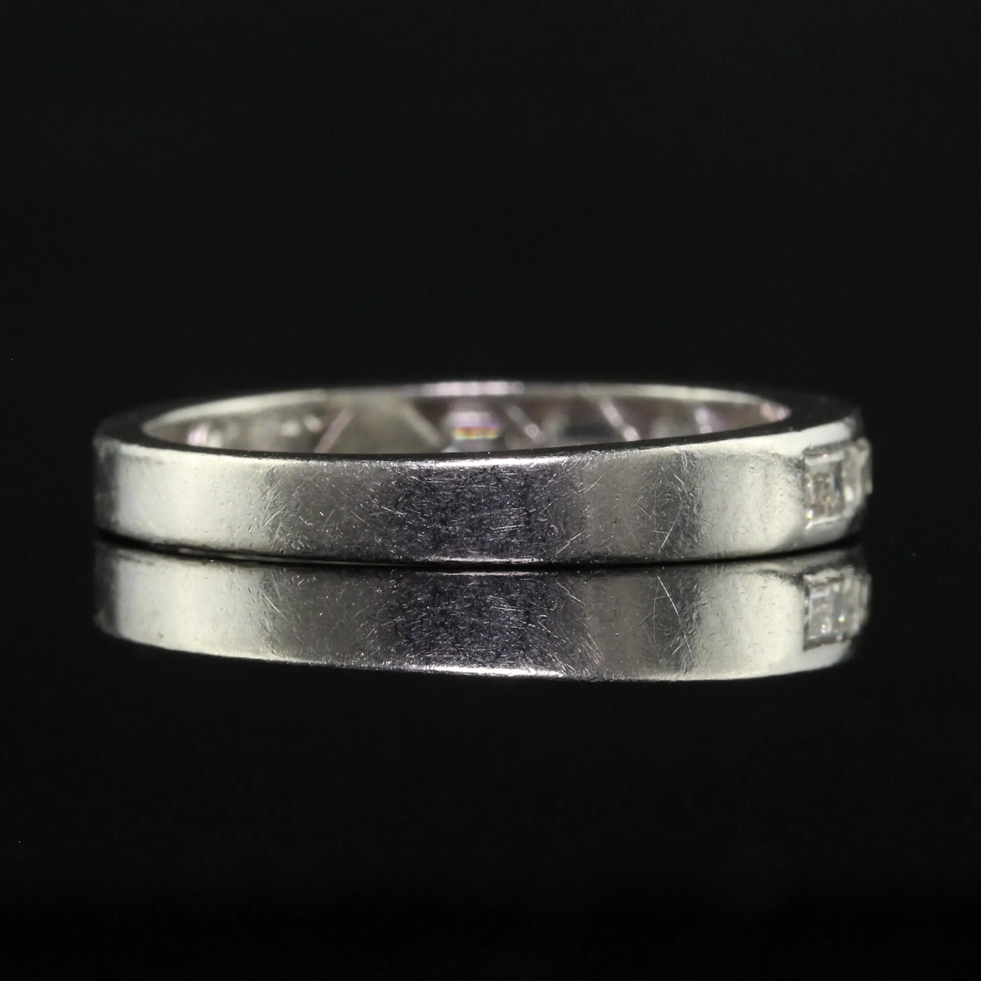 Vintage Retro Platinum Baguette Diamond Engraved Wedding Band - Size 7 1/4