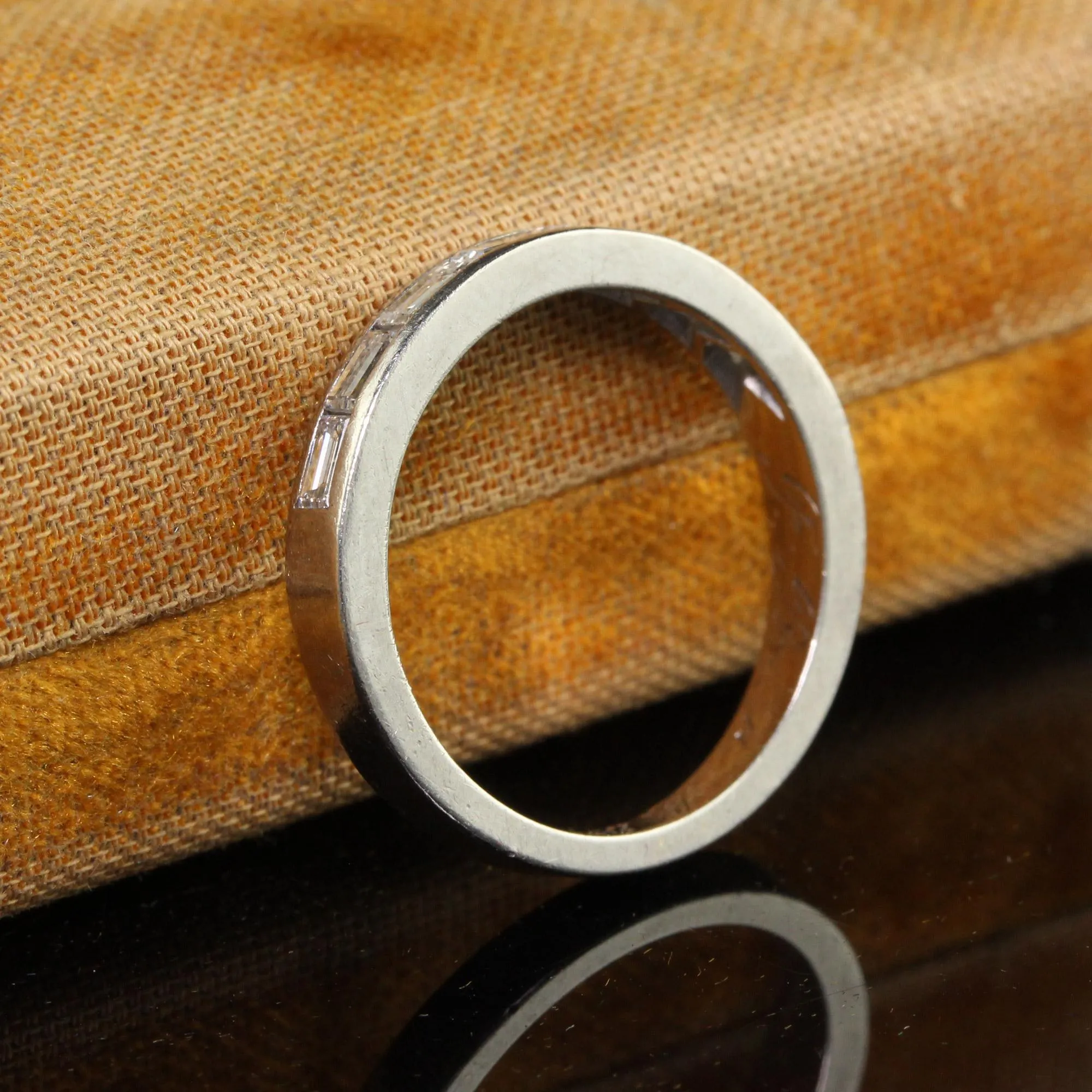 Vintage Retro Platinum Baguette Diamond Engraved Wedding Band - Size 7 1/4