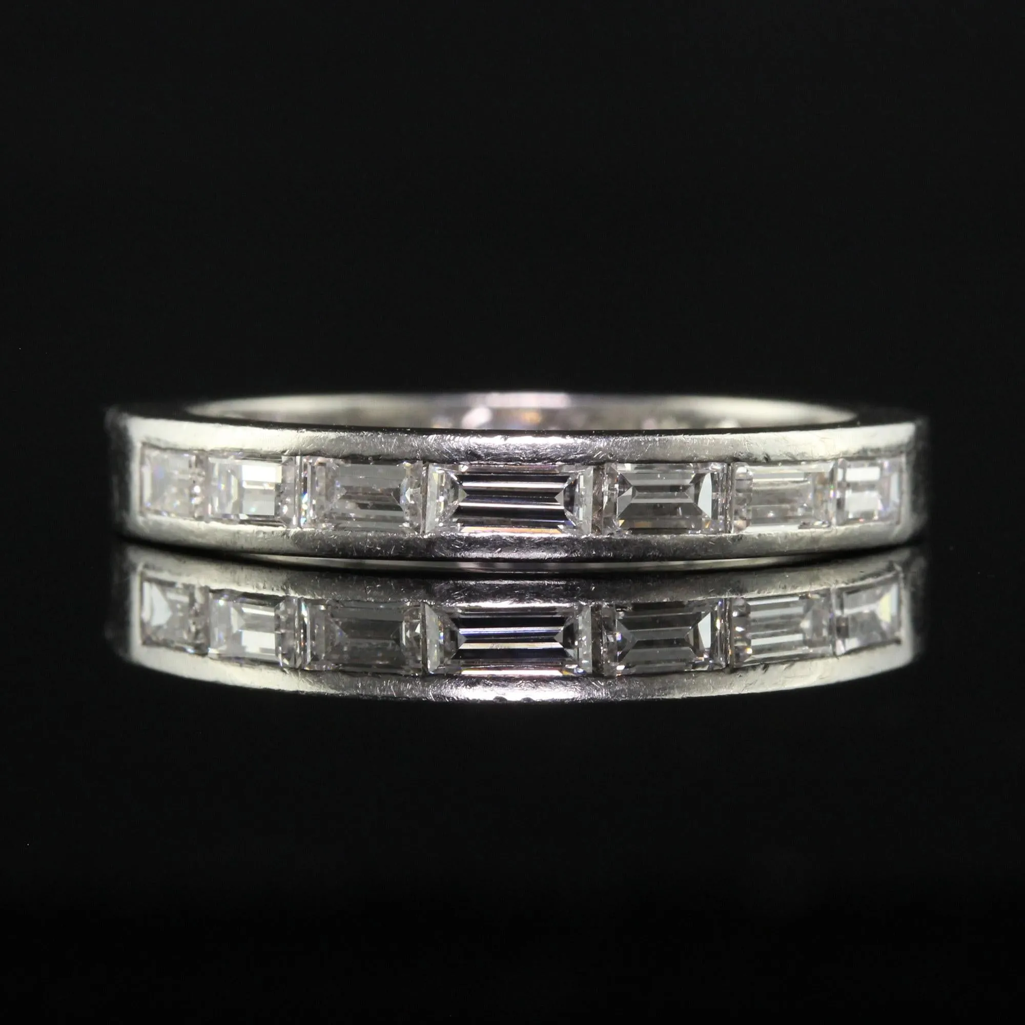Vintage Retro Platinum Baguette Diamond Engraved Wedding Band - Size 7 1/4