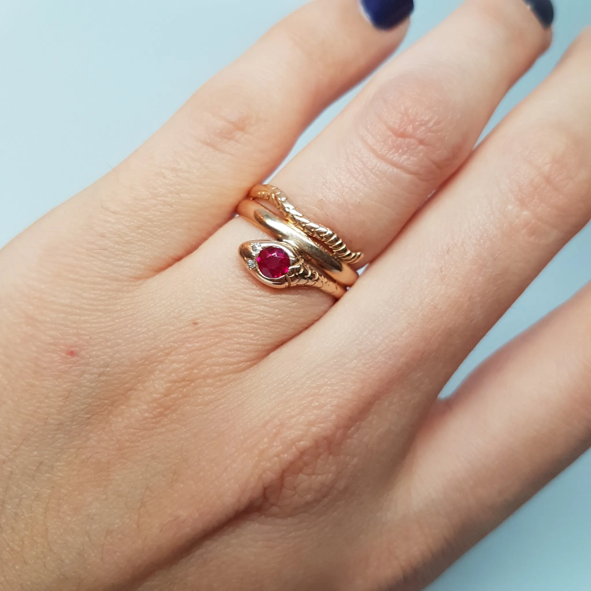 VINTAGE RUBY AND DIAMOND GOLD SNAKE RING