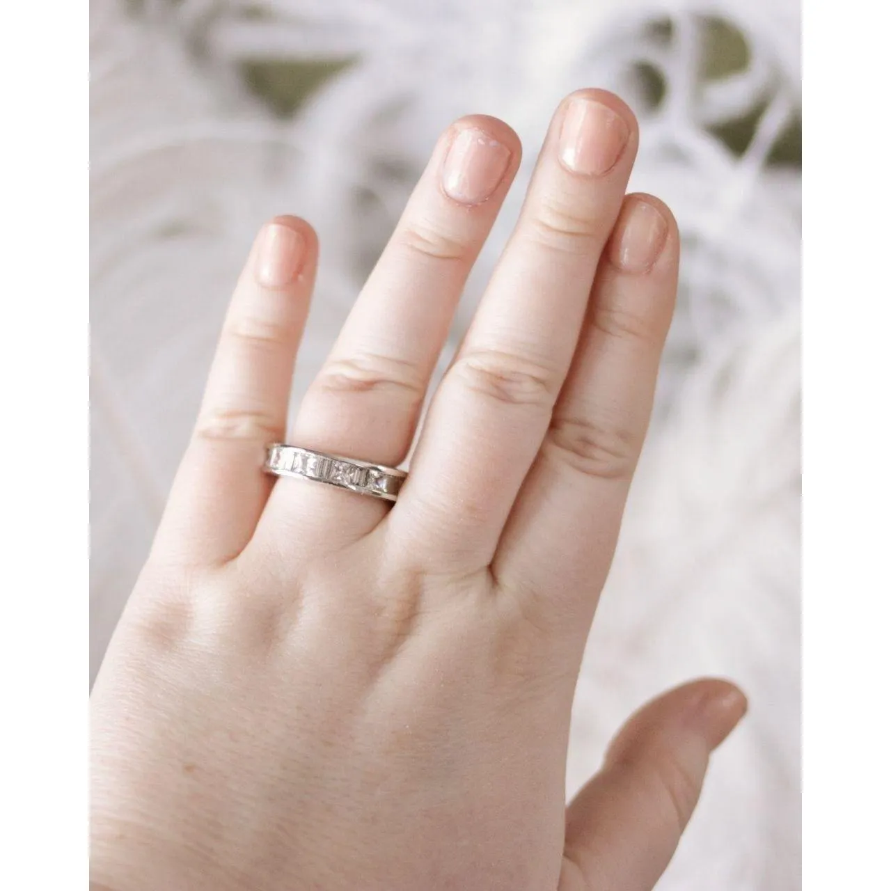 Vintage Sterling Silver Princess Cut Wide Band Eternity Ring