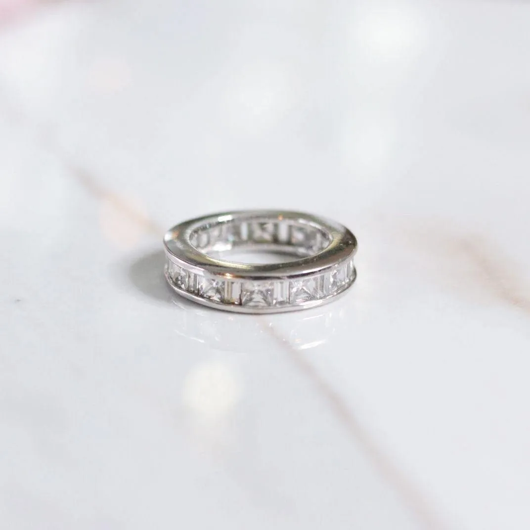 Vintage Sterling Silver Princess Cut Wide Band Eternity Ring