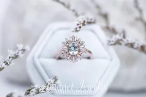 Vintage style aquamarine ring, baguette diamond ring, engagement ring,   vintage style diamond ring