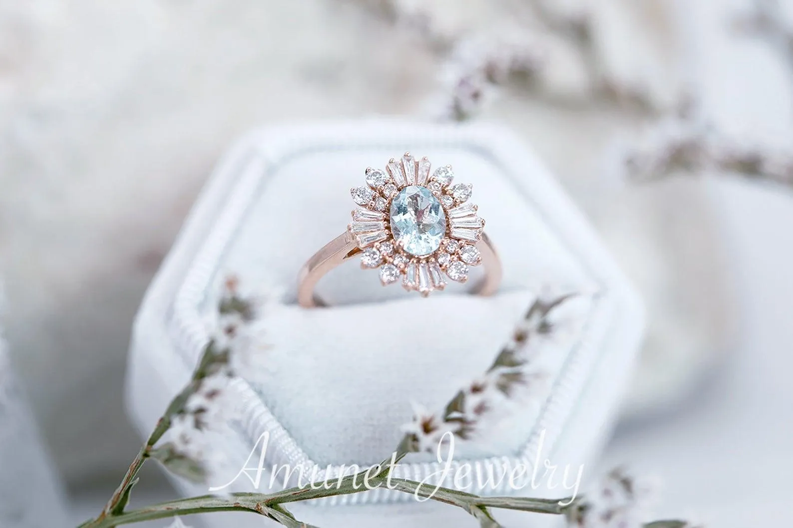 Vintage style aquamarine ring, baguette diamond ring, engagement ring,   vintage style diamond ring