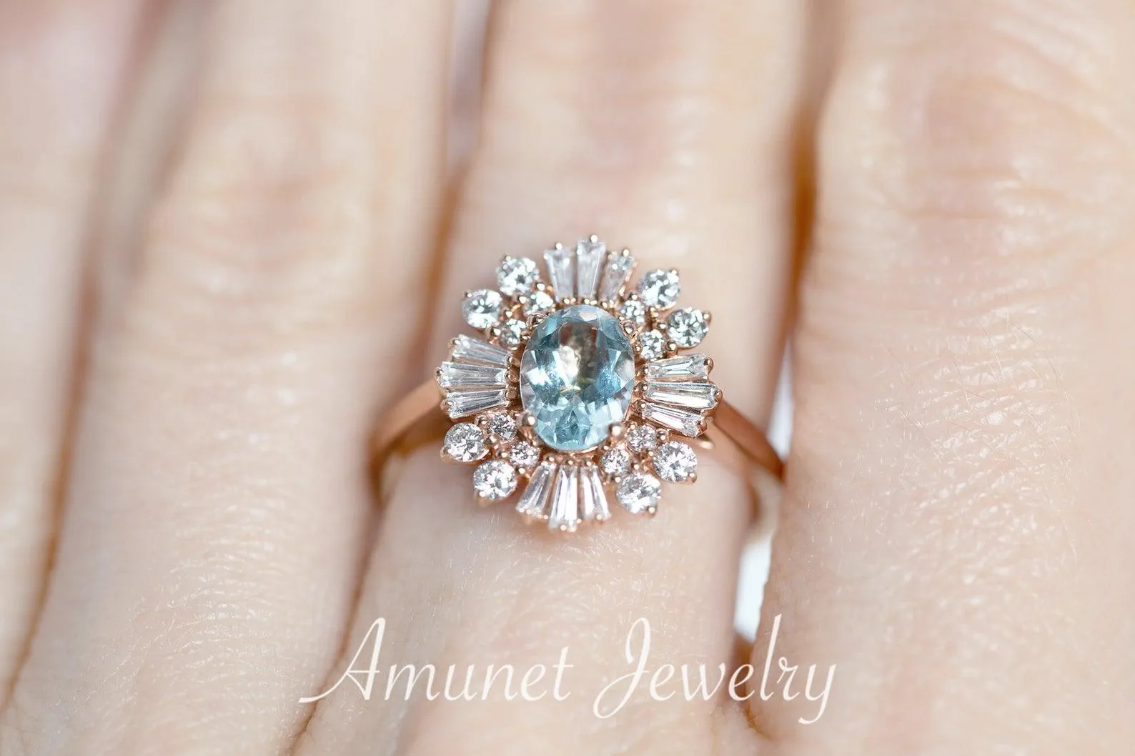 Vintage style aquamarine ring, baguette diamond ring, engagement ring,   vintage style diamond ring