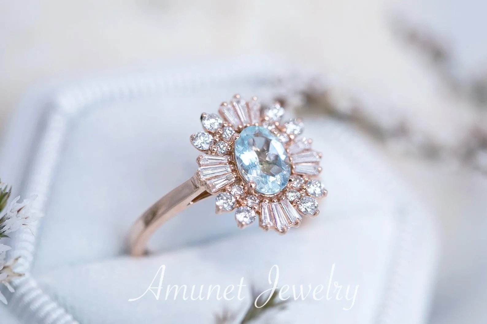 Vintage style aquamarine ring, baguette diamond ring, engagement ring,   vintage style diamond ring