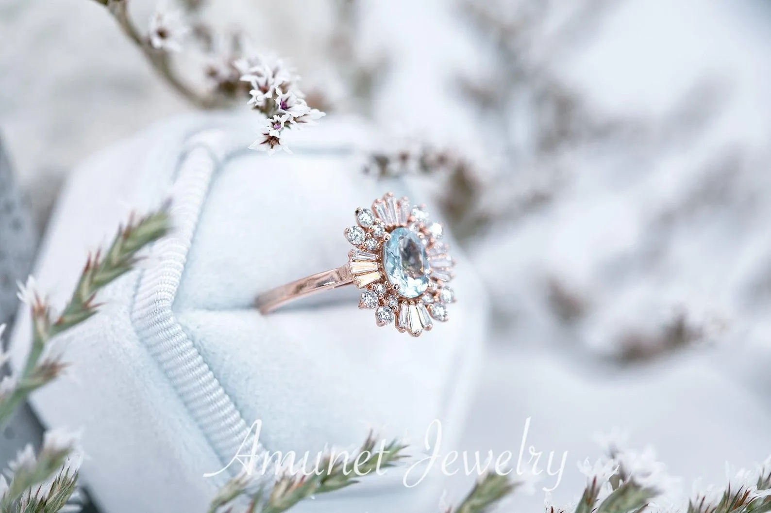 Vintage style aquamarine ring, baguette diamond ring, engagement ring,   vintage style diamond ring