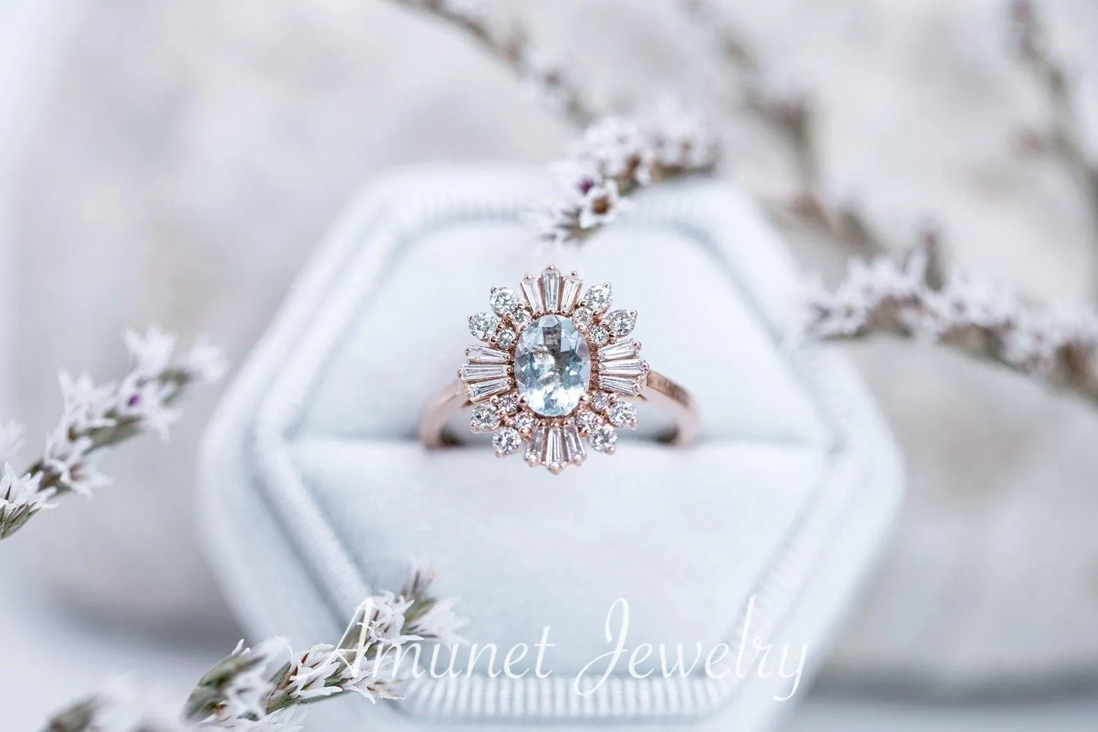 Vintage style aquamarine ring, baguette diamond ring, engagement ring,   vintage style diamond ring