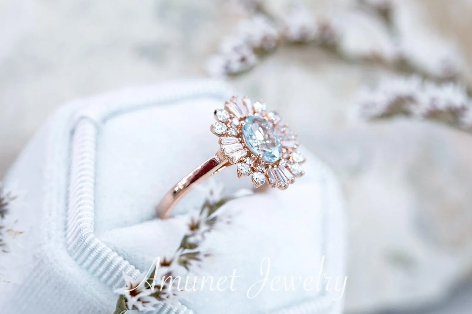 Vintage style aquamarine ring, baguette diamond ring, engagement ring,   vintage style diamond ring