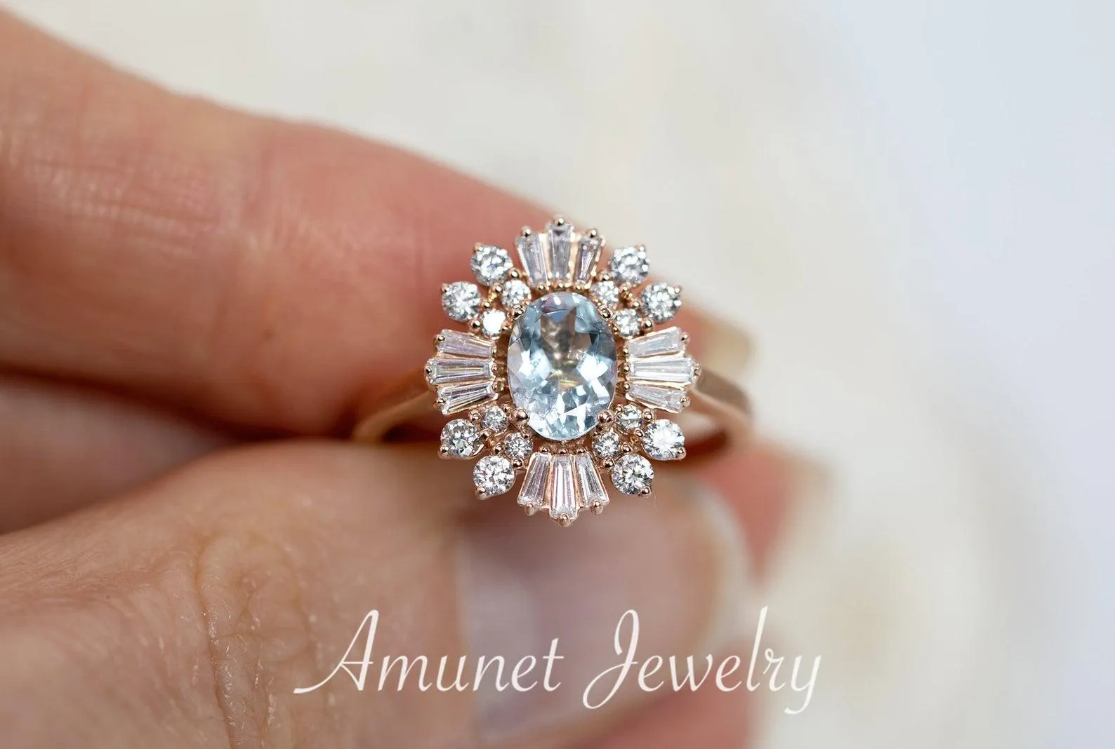 Vintage style aquamarine ring, baguette diamond ring, engagement ring,   vintage style diamond ring