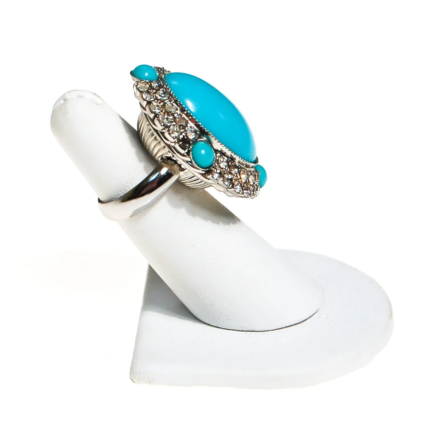 Vintage Turquoise Glass and Rhinestone Statement Ring