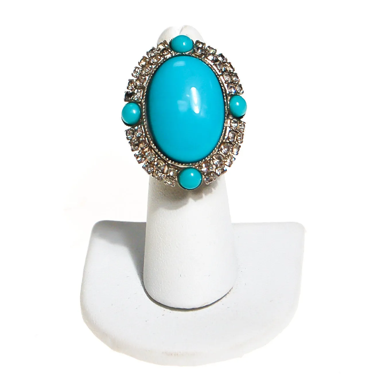 Vintage Turquoise Glass and Rhinestone Statement Ring