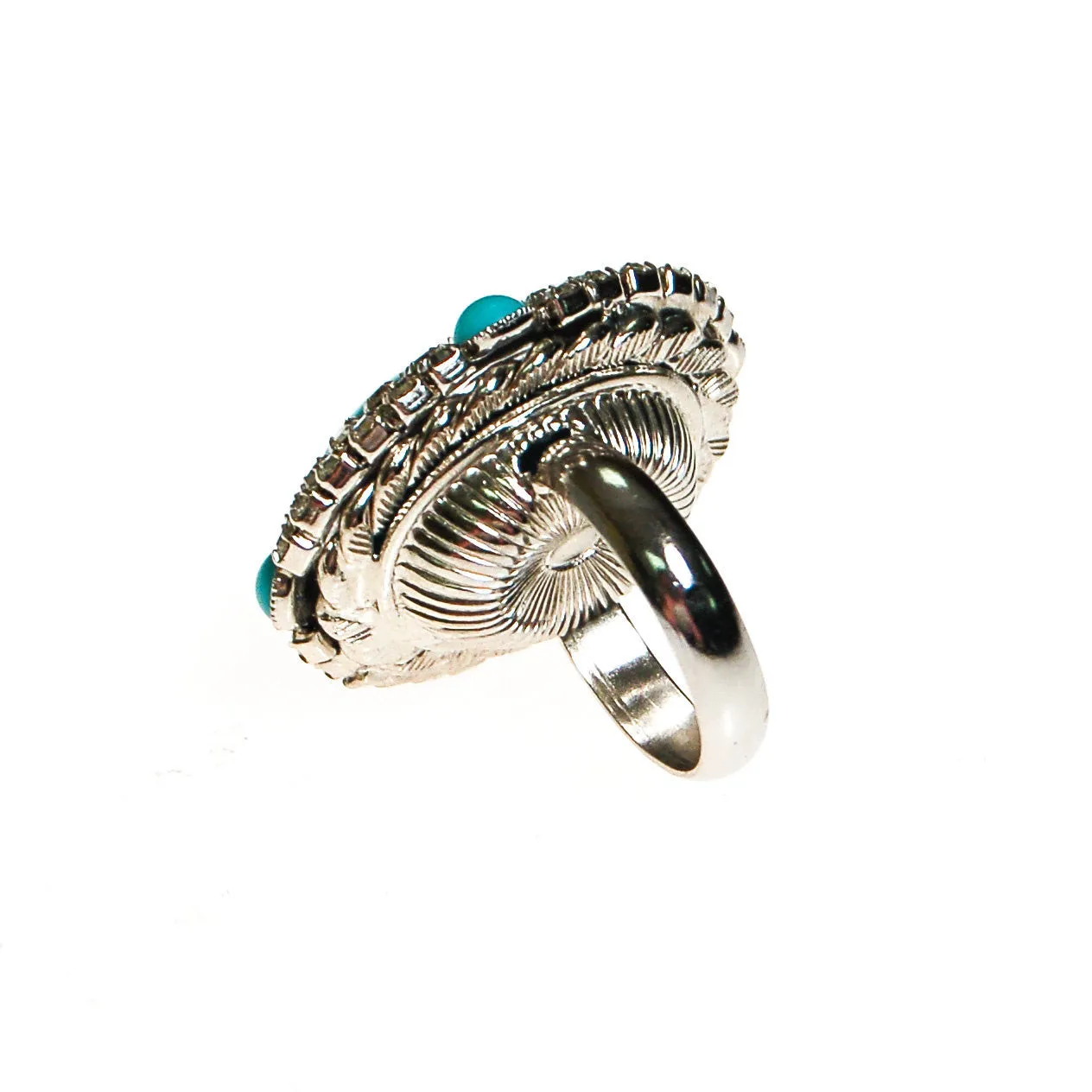 Vintage Turquoise Glass and Rhinestone Statement Ring