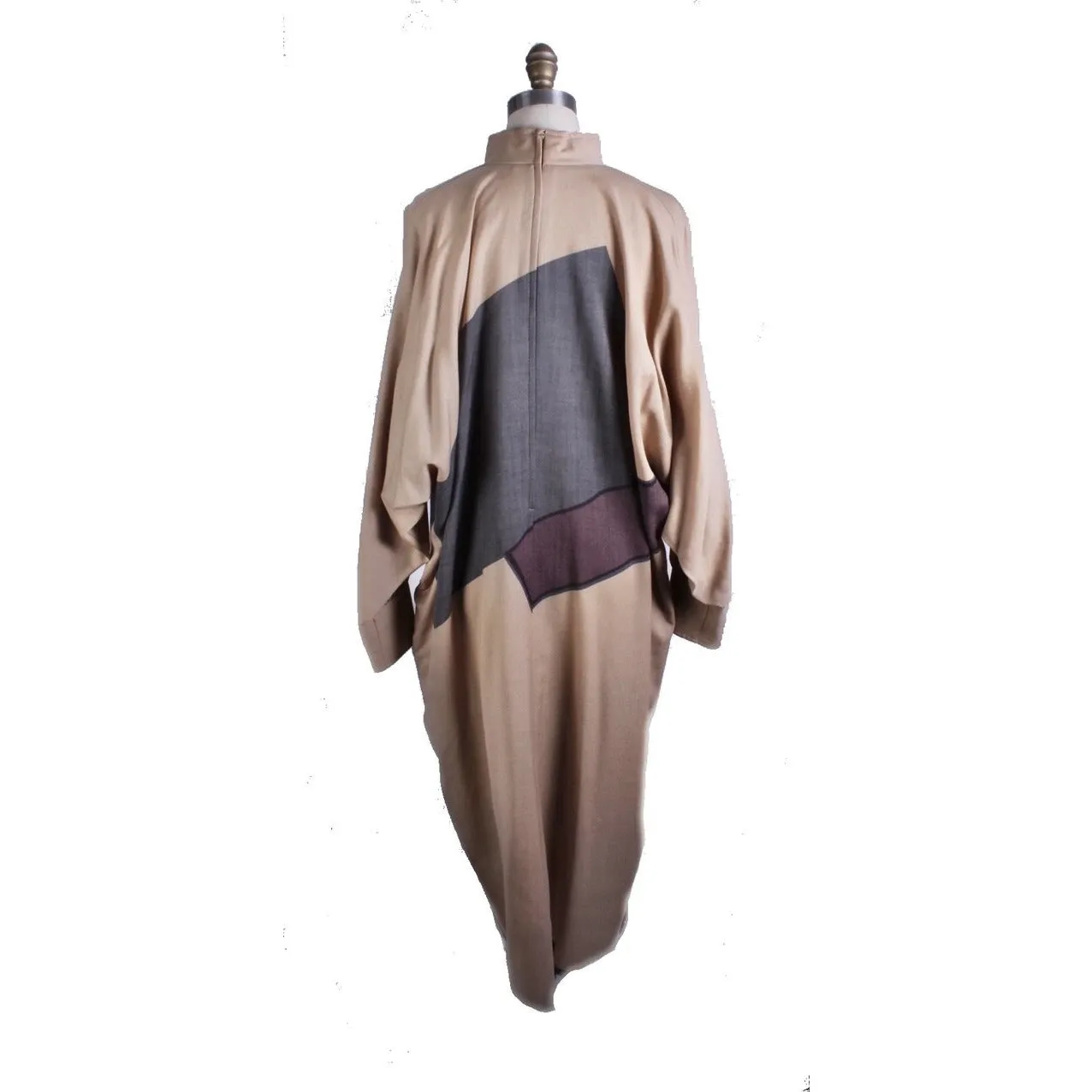 Vintage Vuokko Abstract Art Wool Voile Gown Tan Gray M 1980s Amazing!