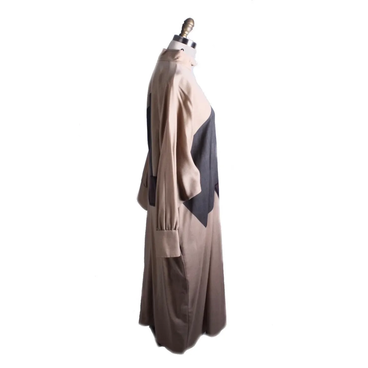 Vintage Vuokko Abstract Art Wool Voile Gown Tan Gray M 1980s Amazing!
