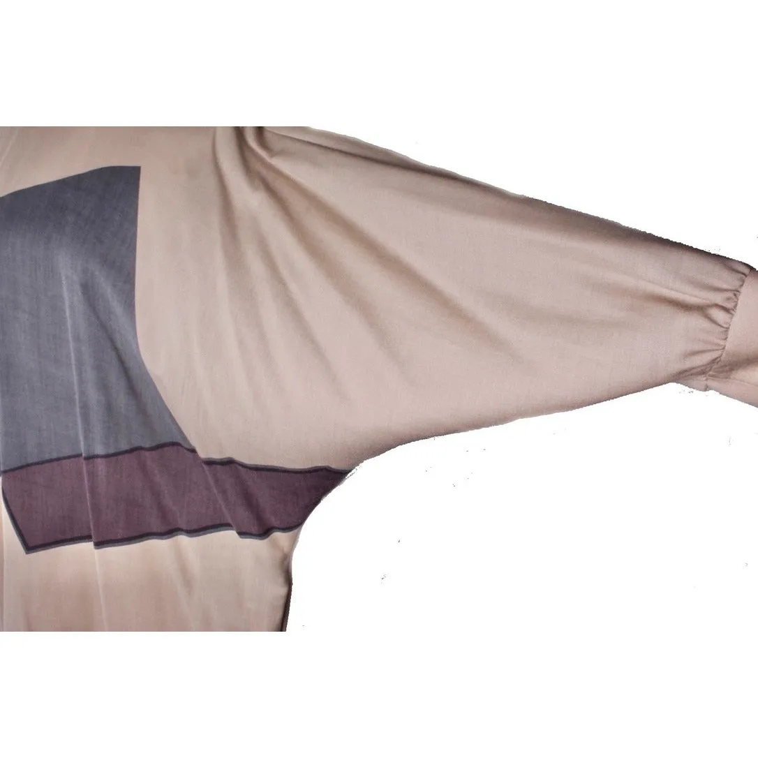 Vintage Vuokko Abstract Art Wool Voile Gown Tan Gray M 1980s Amazing!