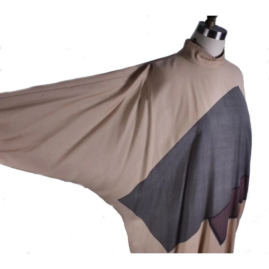 Vintage Vuokko Abstract Art Wool Voile Gown Tan Gray M 1980s Amazing!