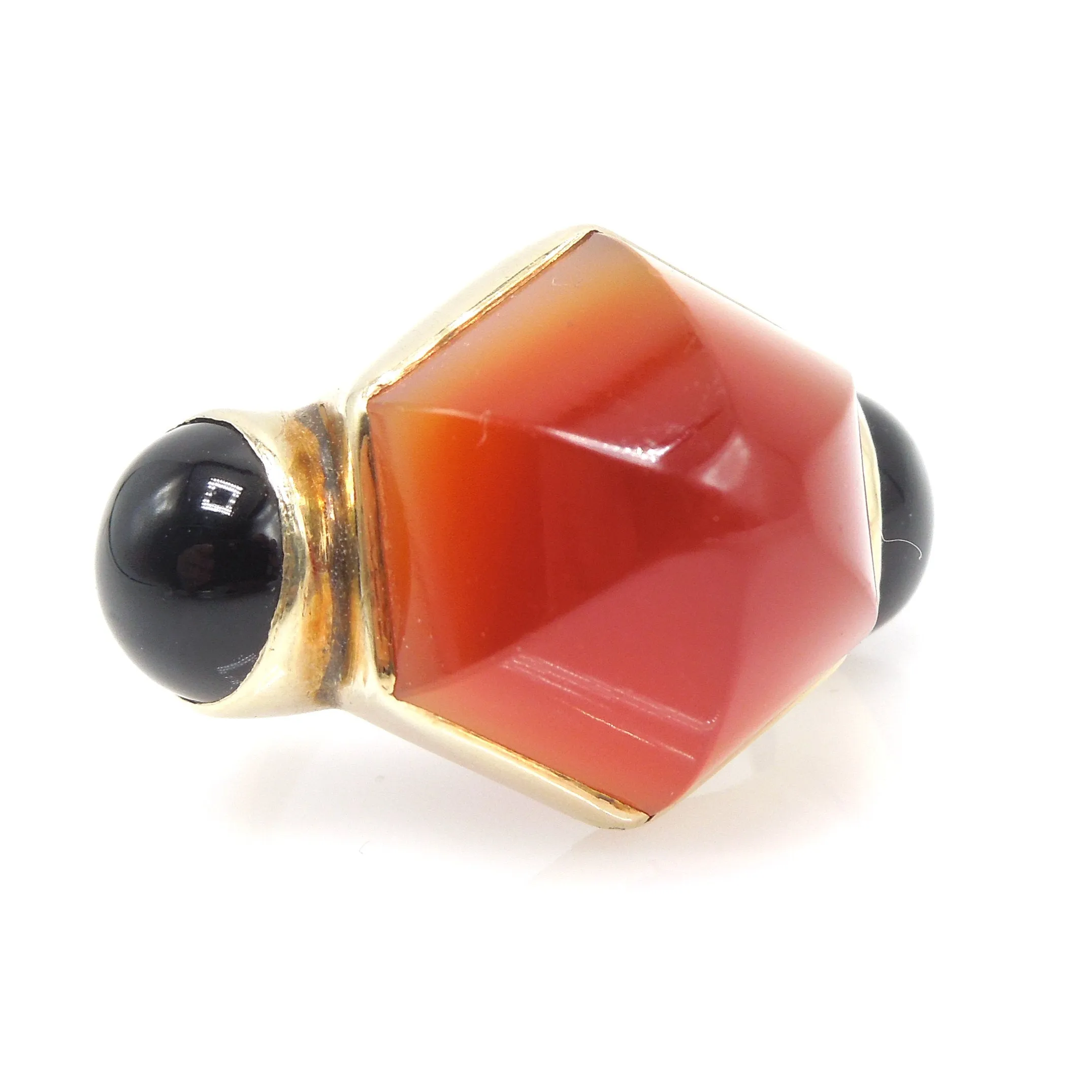 Vintage Yellow Gold Geometric Ring with Hexagonal Carnelian and Round Onyx