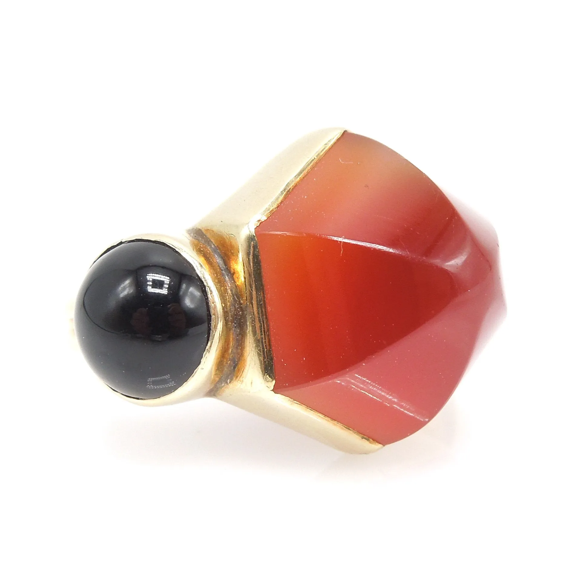 Vintage Yellow Gold Geometric Ring with Hexagonal Carnelian and Round Onyx