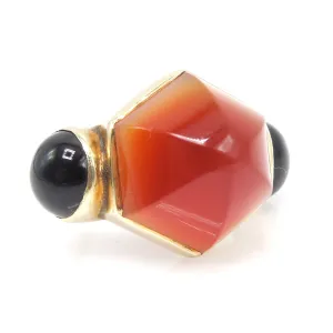 Vintage Yellow Gold Geometric Ring with Hexagonal Carnelian and Round Onyx