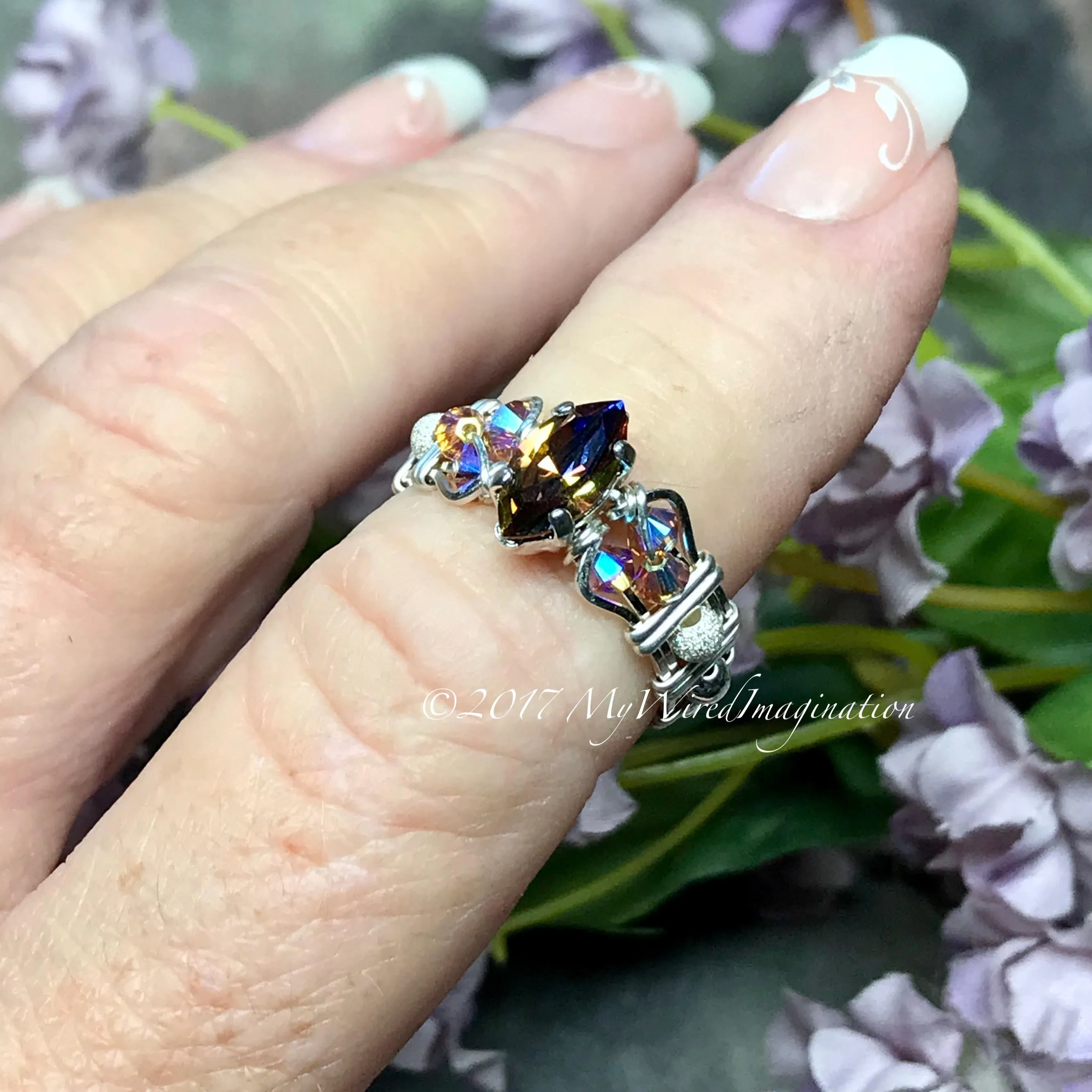 Vitrail Dark Vintage Swarovski Crystal Handmade Ring Sterling Silver US Size 5.5