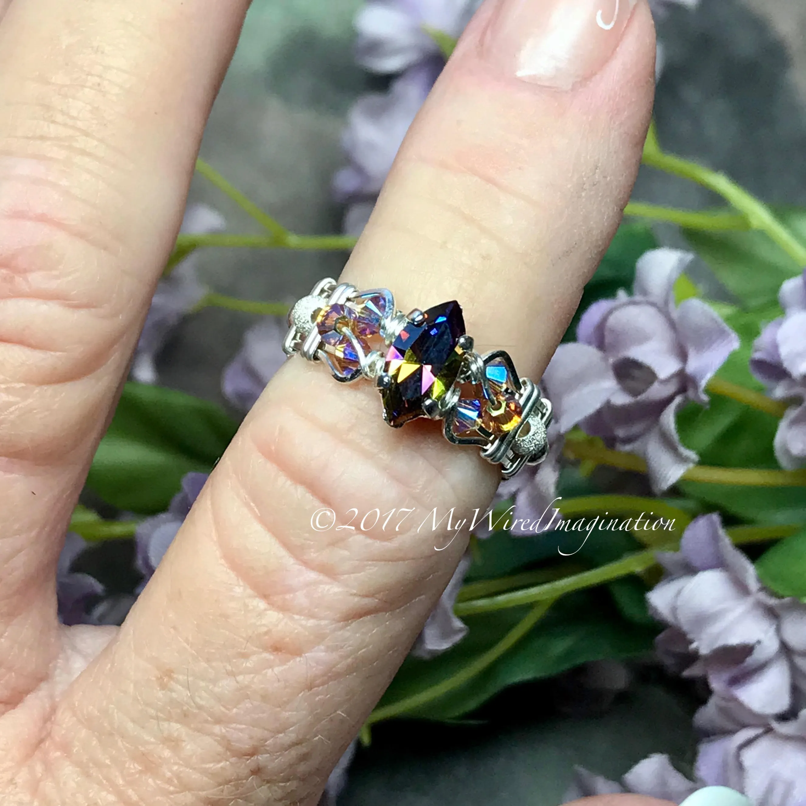 Vitrail Dark Vintage Swarovski Crystal Handmade Ring Sterling Silver US Size 5.5