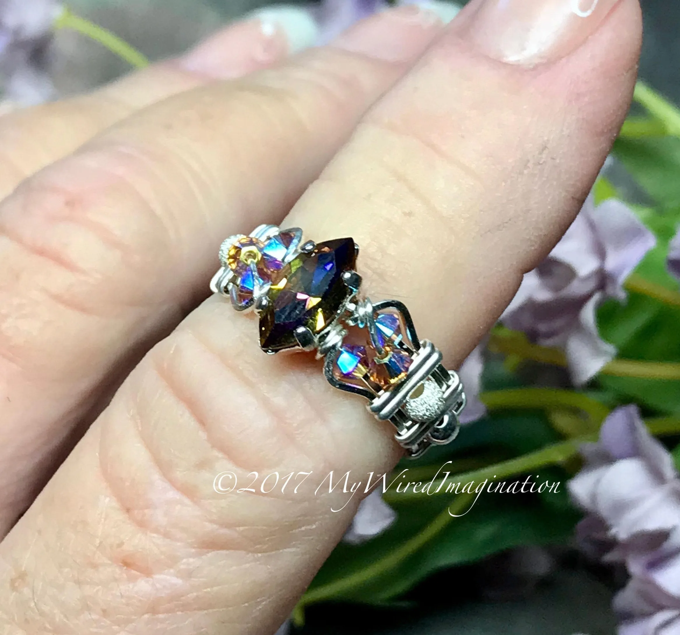 Vitrail Dark Vintage Swarovski Crystal Handmade Ring Sterling Silver US Size 5.5