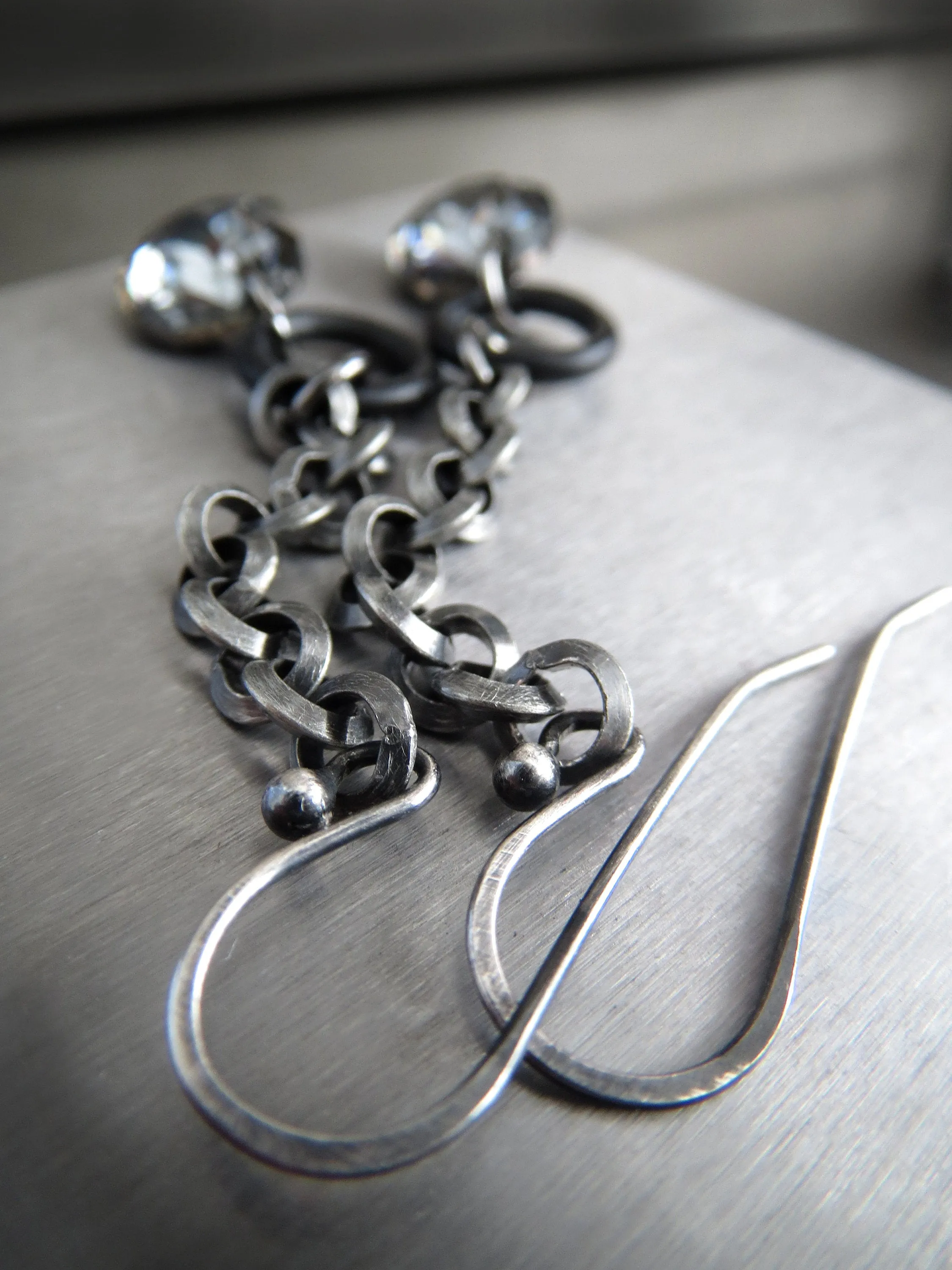 VOID - Long Circle Chain Earrings with Black Crystals