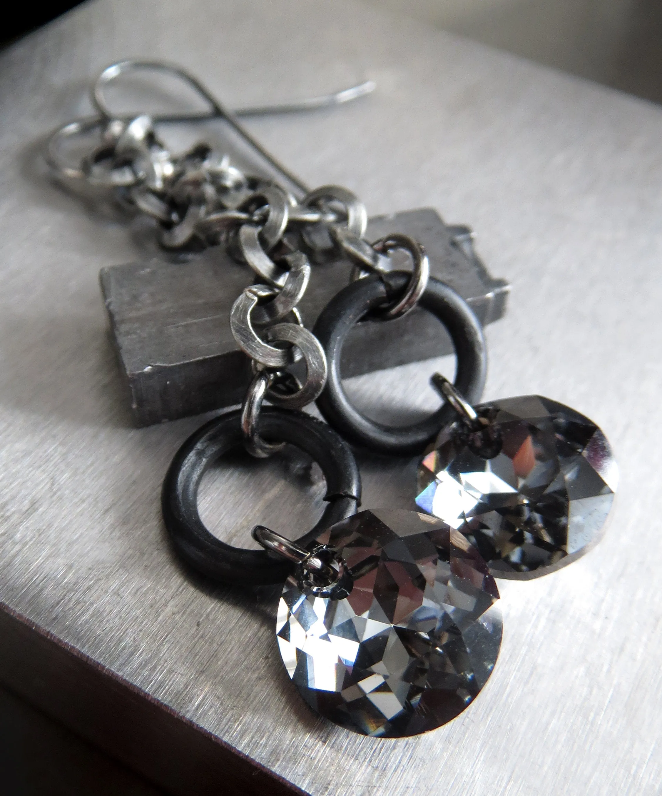 VOID - Long Circle Chain Earrings with Black Crystals