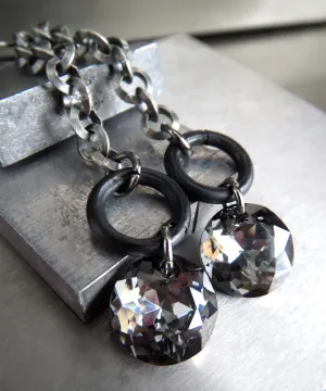 VOID - Long Circle Chain Earrings with Black Crystals