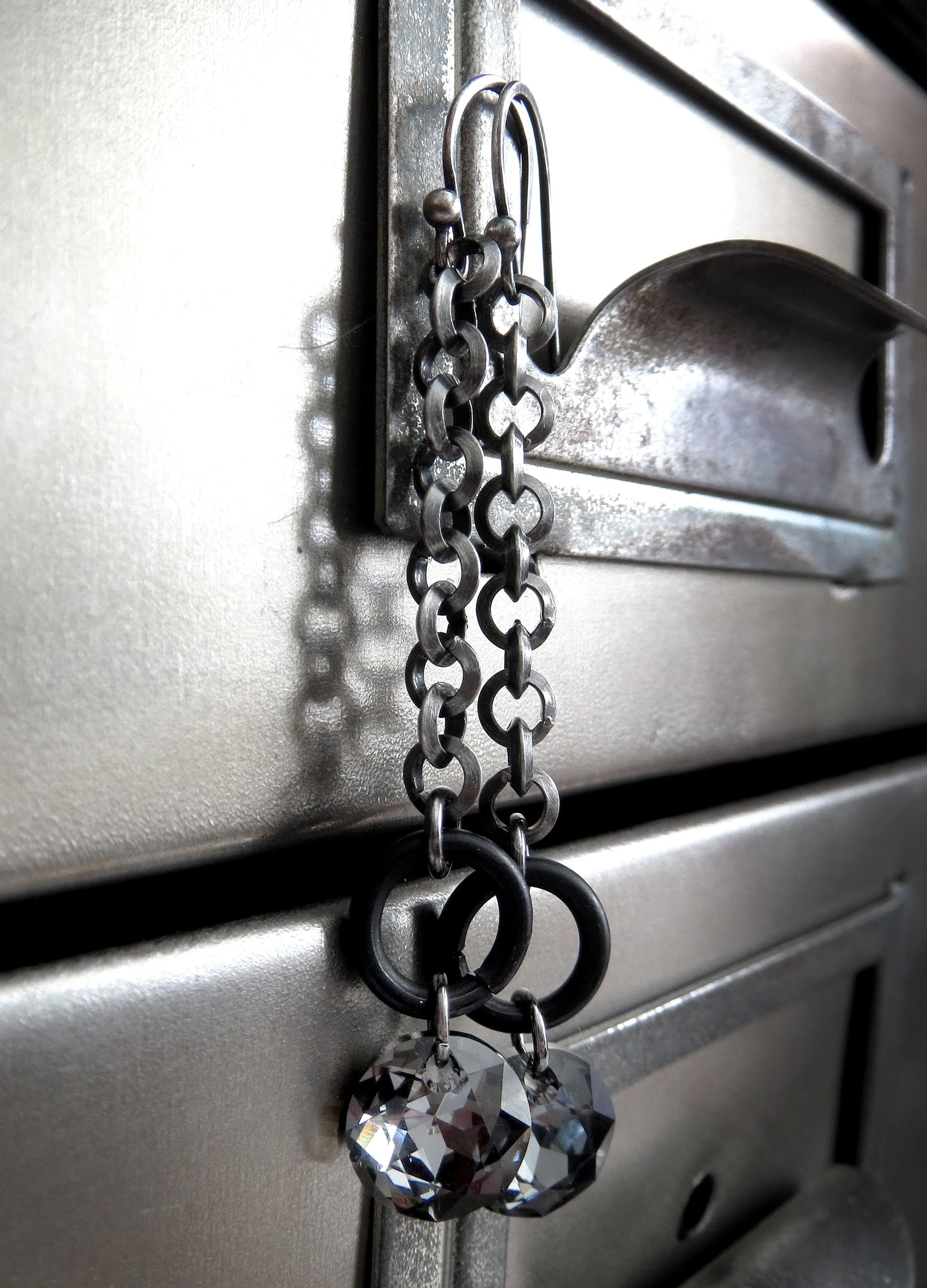 VOID - Long Circle Chain Earrings with Black Crystals