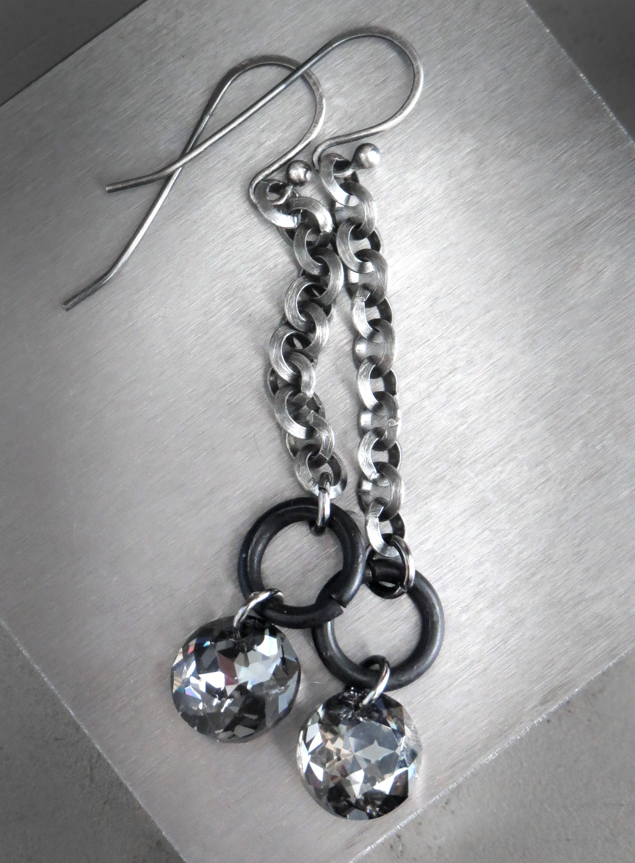 VOID - Long Circle Chain Earrings with Black Crystals