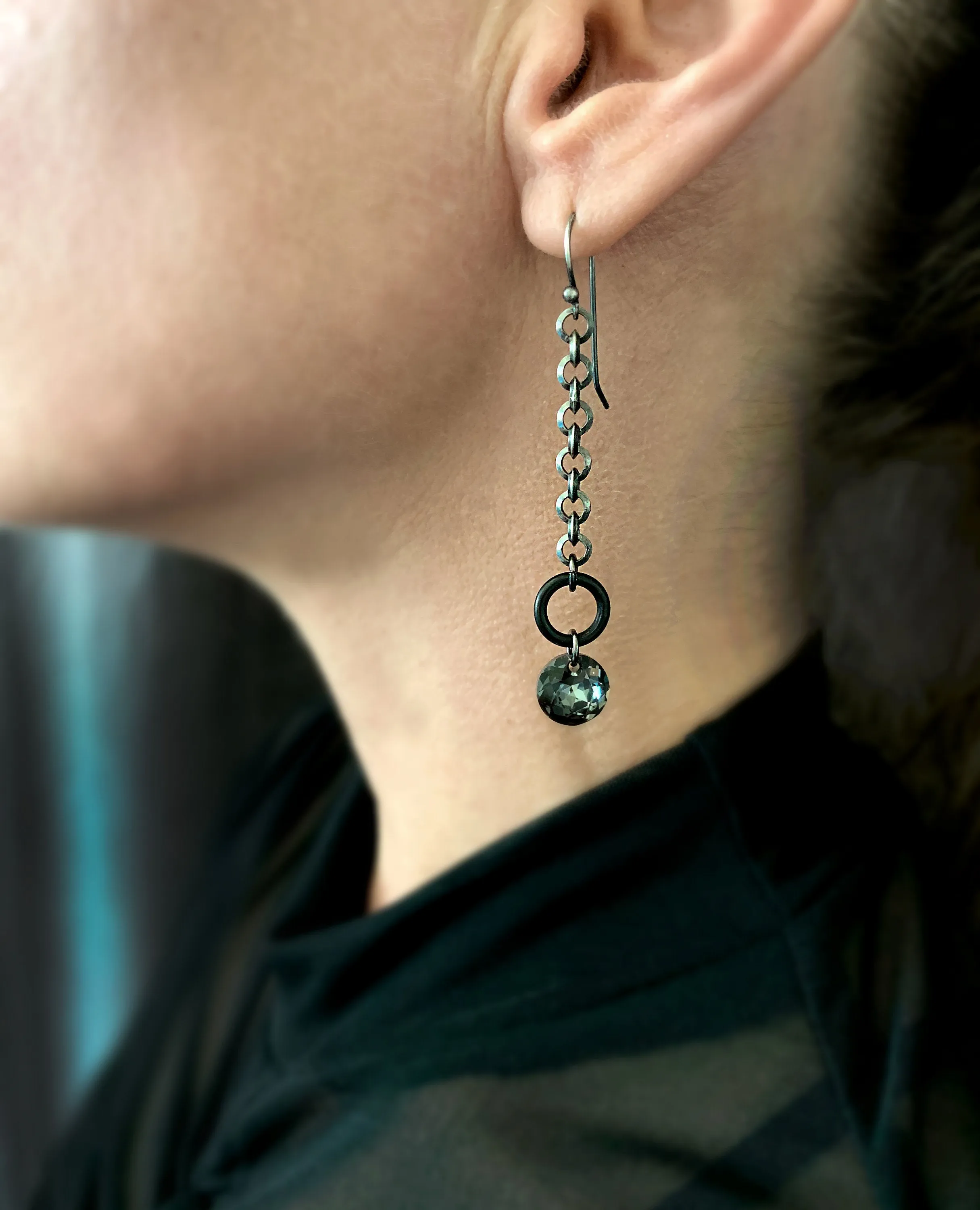 VOID - Long Circle Chain Earrings with Black Crystals