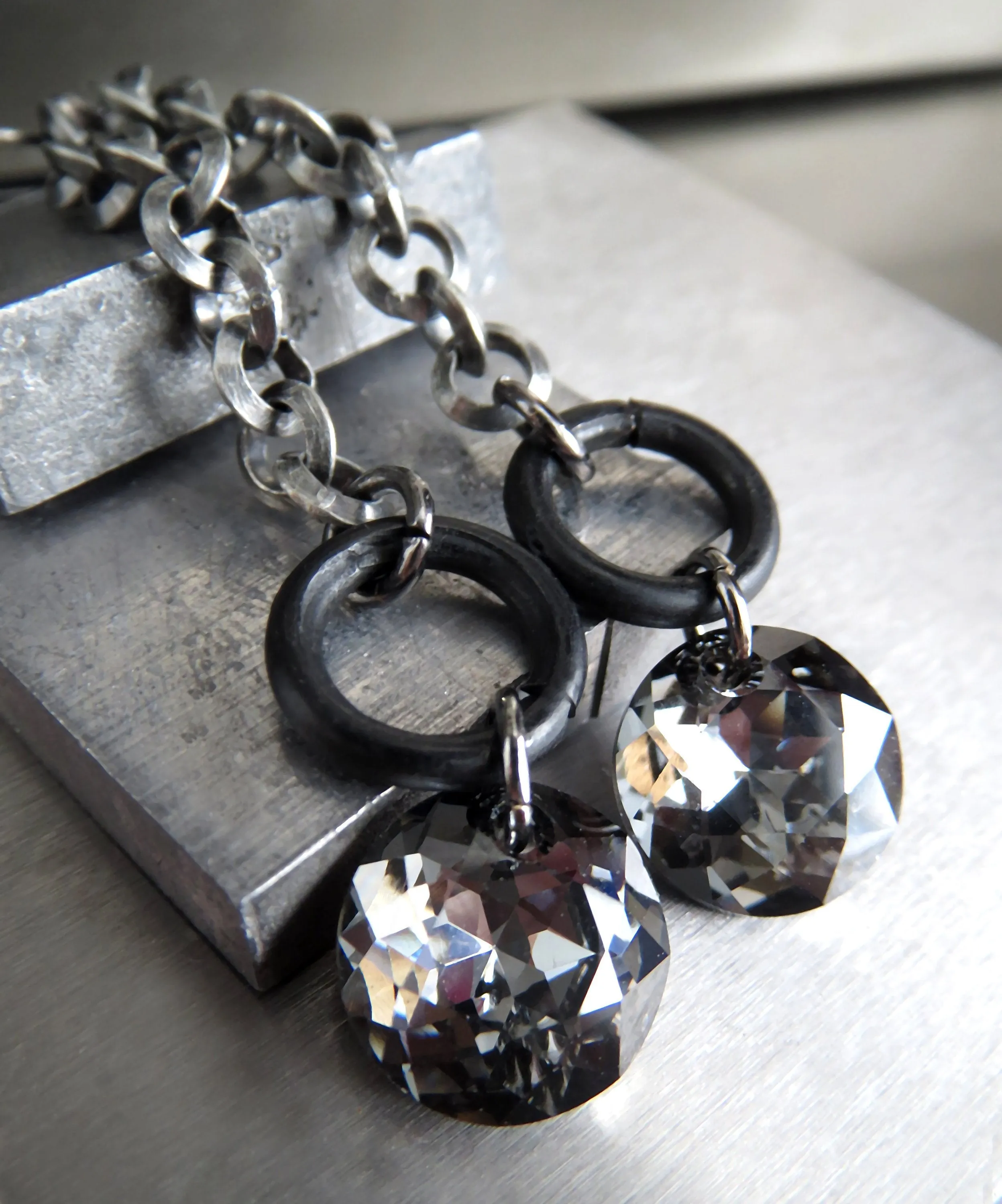VOID - Long Circle Chain Earrings with Black Crystals