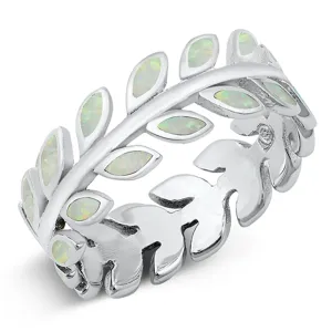 White Lab Opal Nature Leaf Plant Ring .925 Sterling Silver Band Sizes 6-9