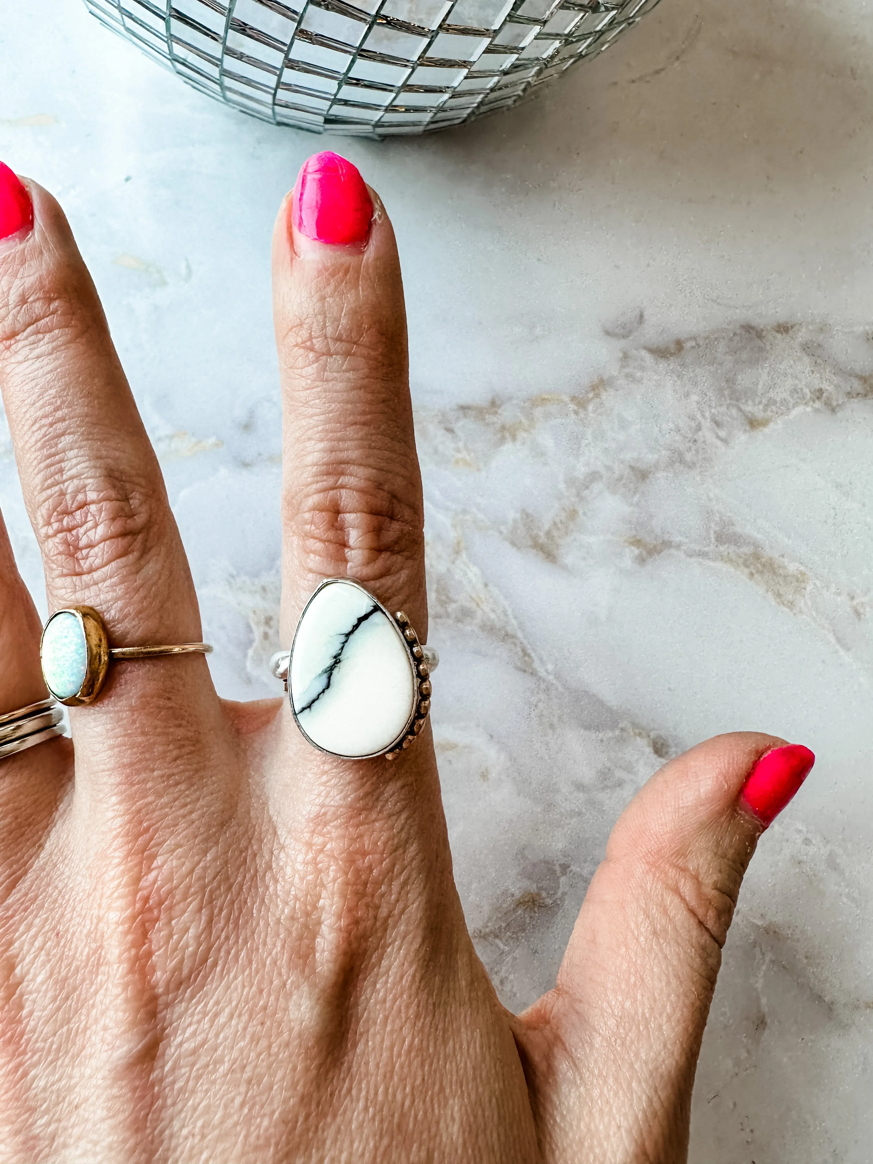 White Variscite Gold Bead Details Statement Ring size 5.5