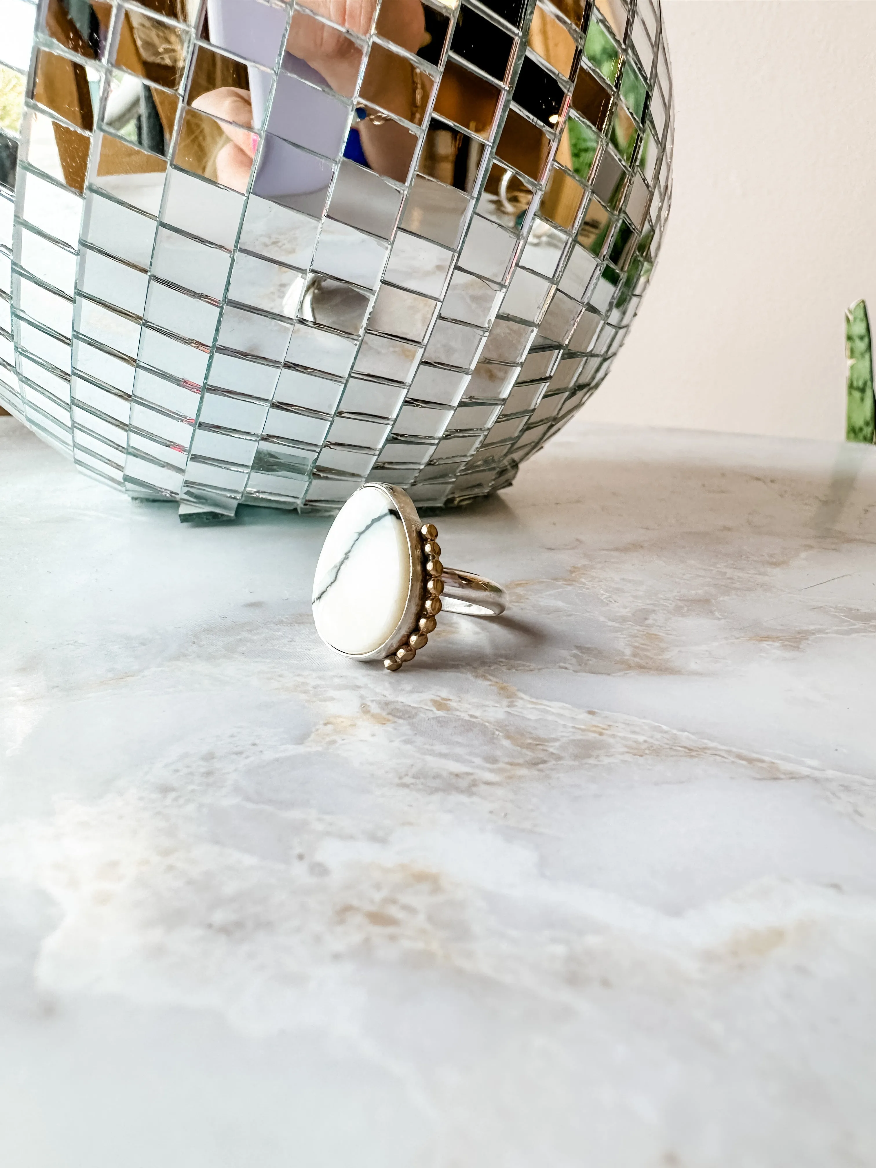 White Variscite Gold Bead Details Statement Ring size 5.5