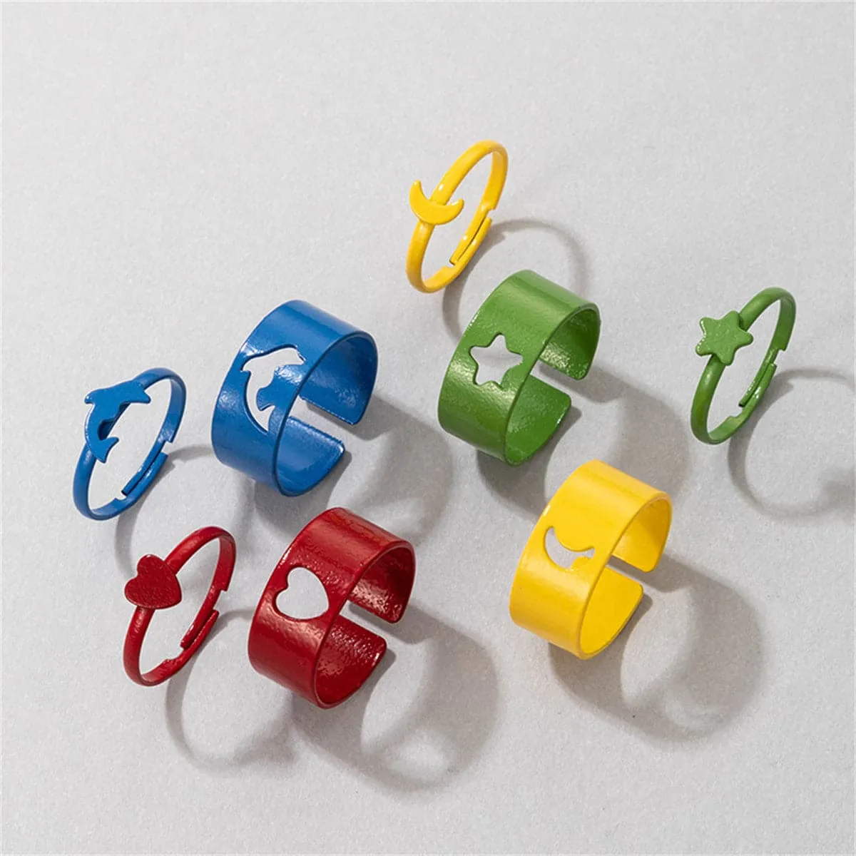 Yellow Enamel Celestial Heart & Dolphin Ring Set